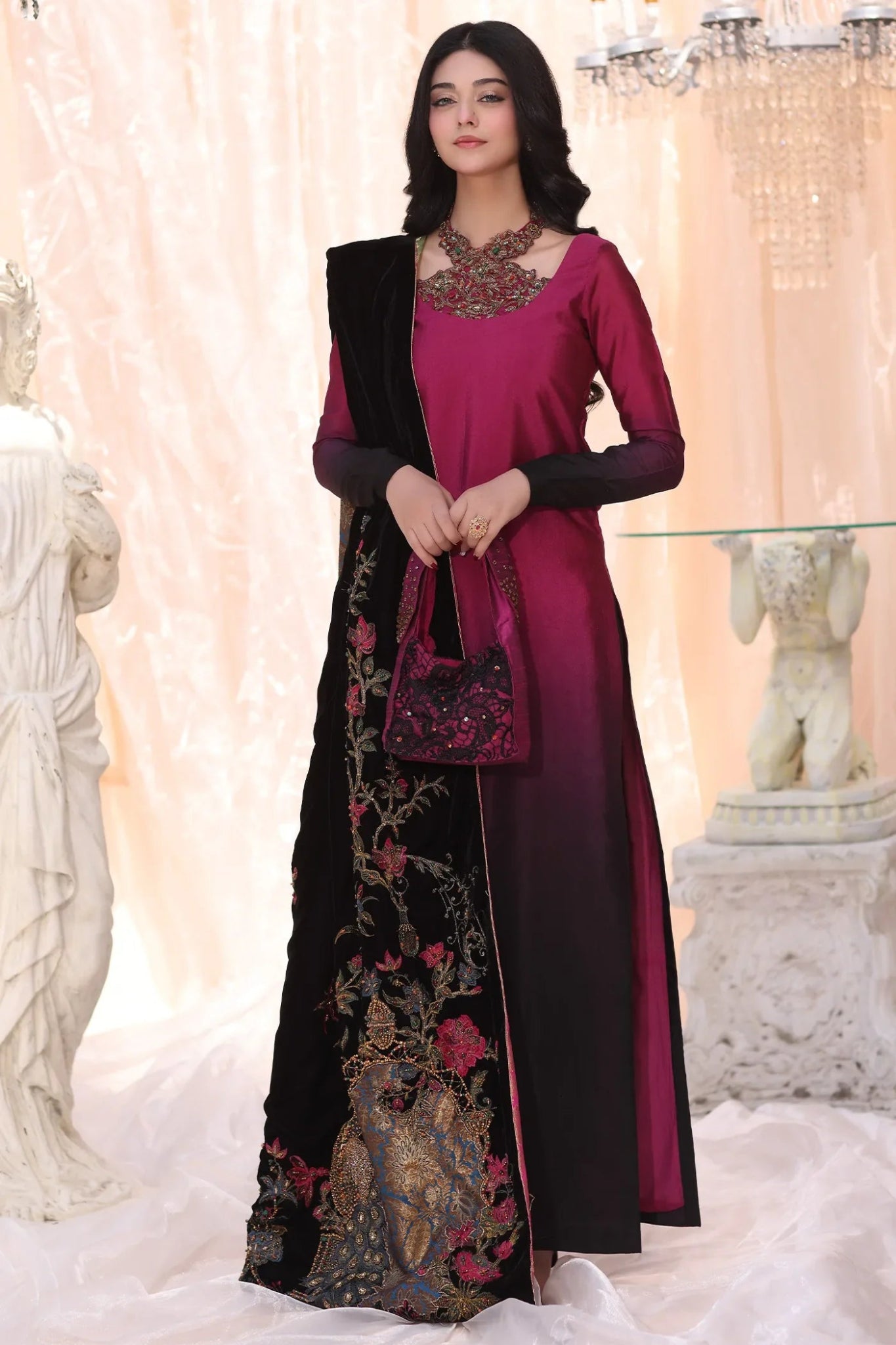 Model wearing Divine Fauna from Musferah Saad's The Serenade collection, featuring floral patterns. Pakistani clothes online in UK at Signature Labels.