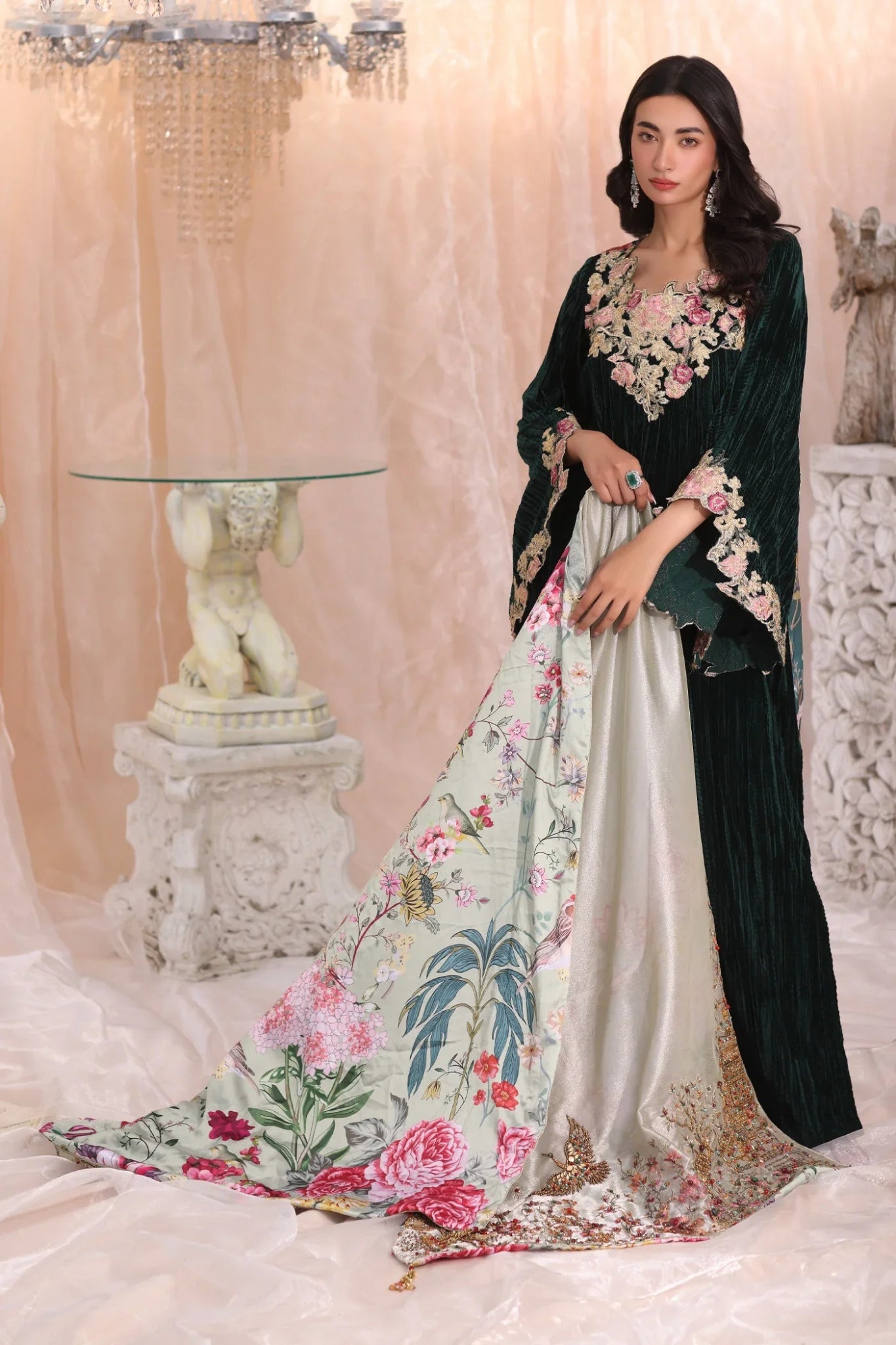 Model wearing Emerald Grace from Musferah Saad's The Serenade collection in rich green, ideal for weddings. Pakistani clothes online in UK at Signature Labels.