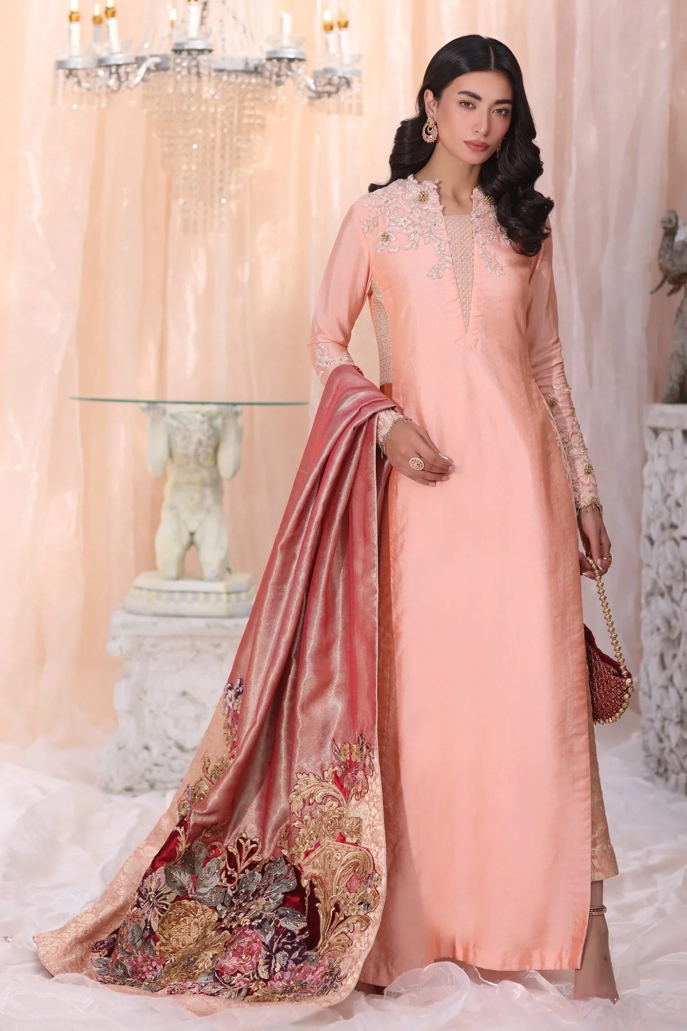Model wearing Irish Rose from Musferah Saad's The Serenade collection in soft pink tones, ideal for weddings. Pakistani clothes online in UK at Signature Labels.