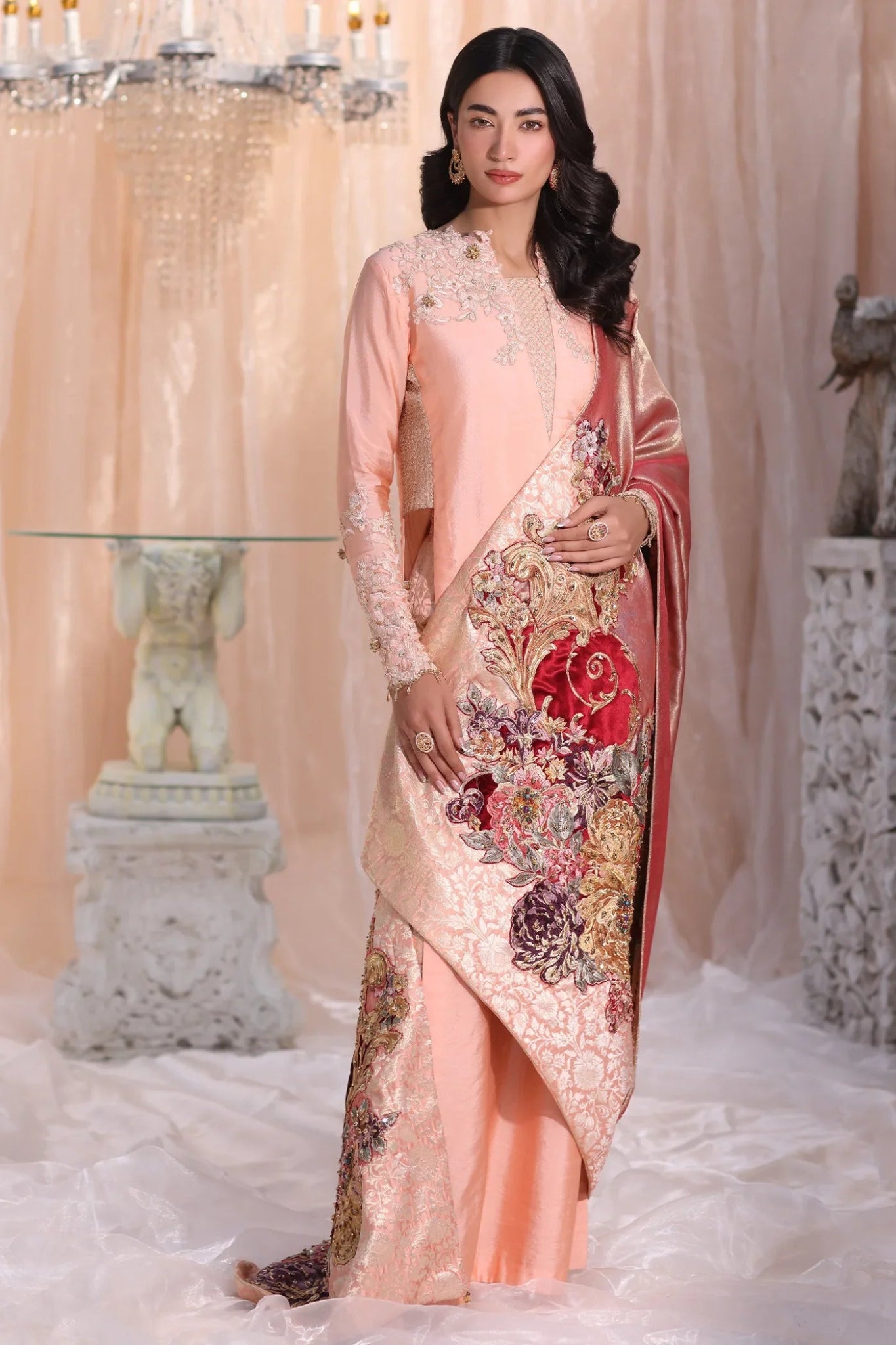 Model wearing Irish Rose from Musferah Saad's The Serenade collection in soft pink tones, ideal for weddings. Pakistani clothes online in UK at Signature Labels.