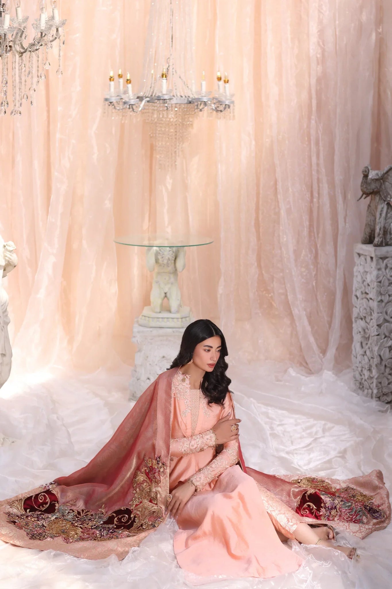 Model wearing Irish Rose from Musferah Saad's The Serenade collection in soft pink tones, ideal for weddings. Pakistani clothes online in UK at Signature Labels.