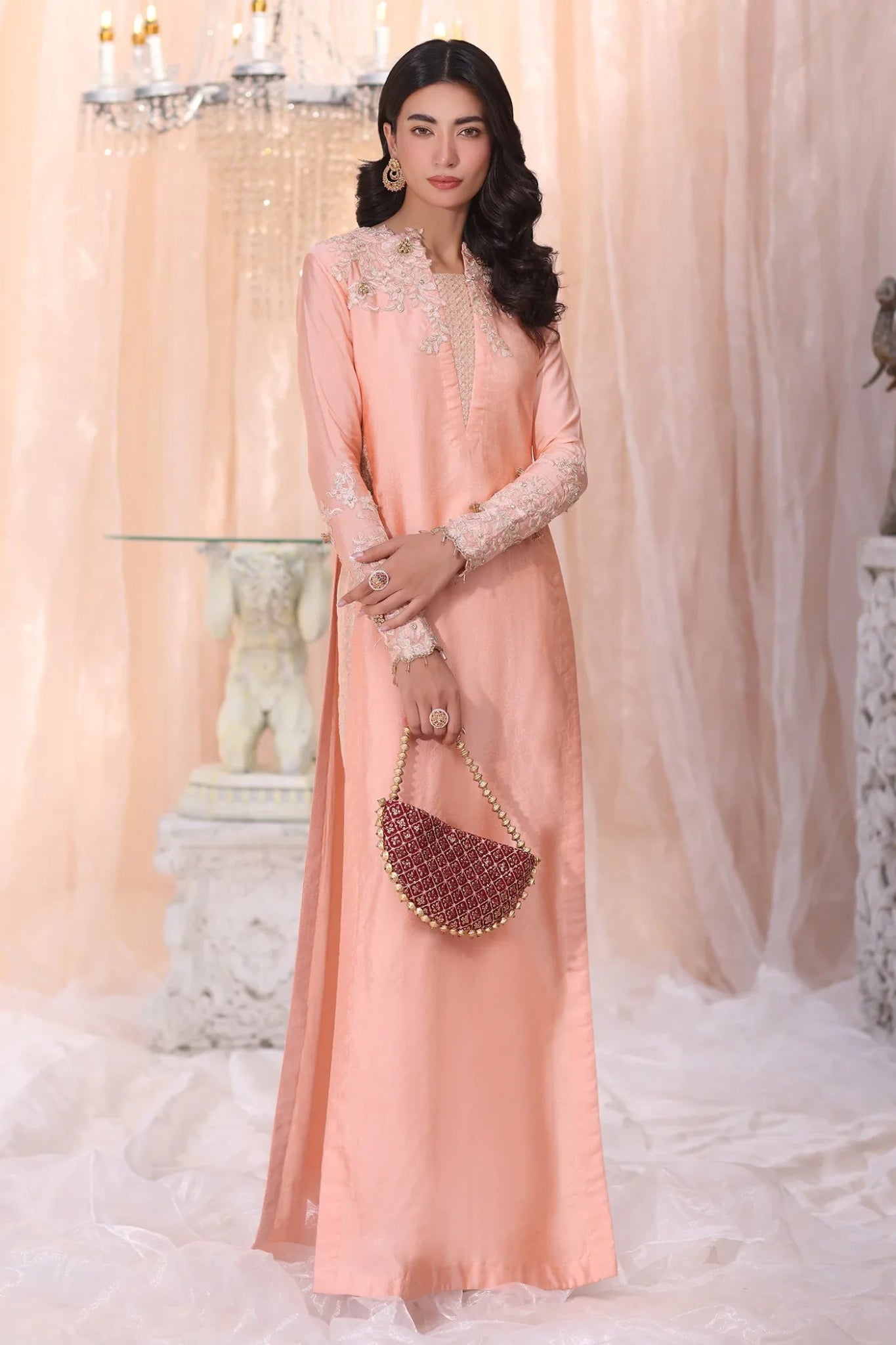 Model wearing Irish Rose from Musferah Saad's The Serenade collection in soft pink tones, ideal for weddings. Pakistani clothes online in UK at Signature Labels.