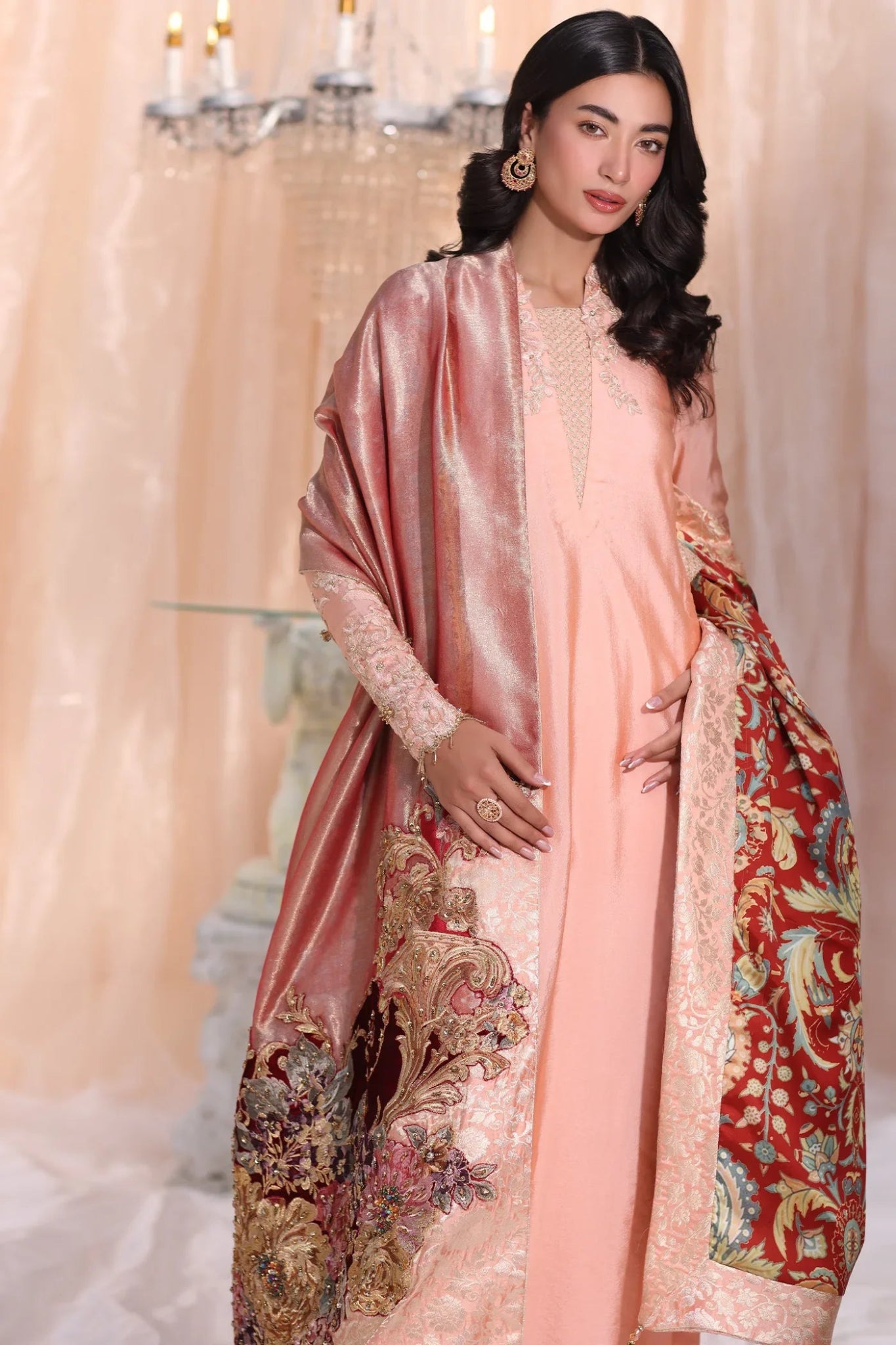 Model wearing Irish Rose from Musferah Saad's The Serenade collection in soft pink tones, ideal for weddings. Pakistani clothes online in UK at Signature Labels.