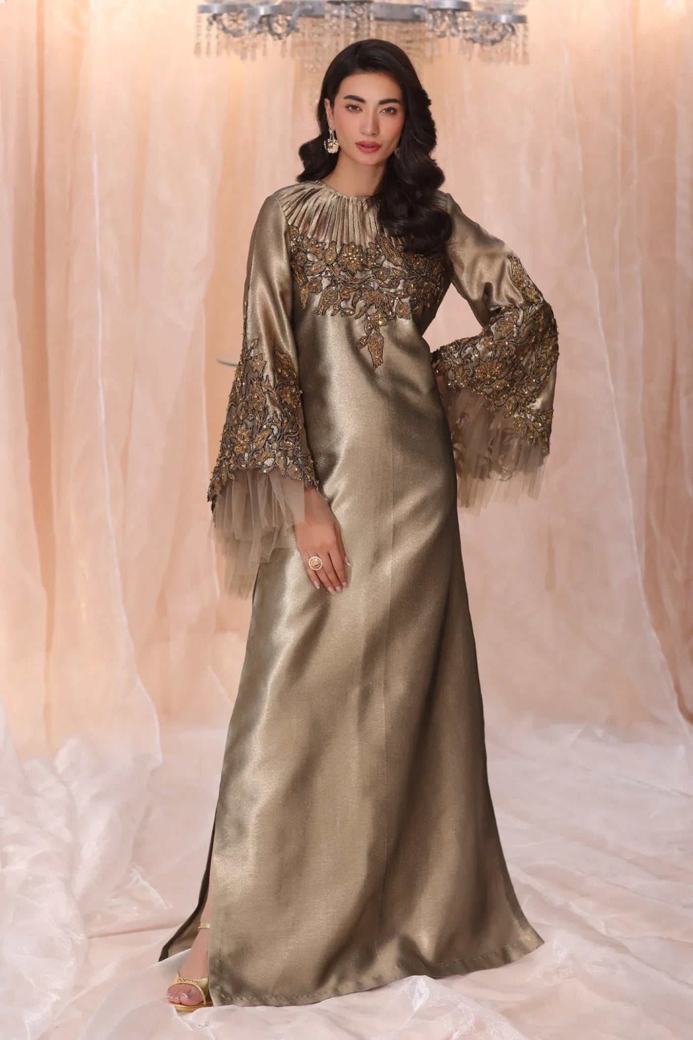 Model wearing Midnight Glow from Musferah Saad's The Serenade collection in stunning navy, ideal for weddings. Pakistani clothes online in UK at Signature Labels.