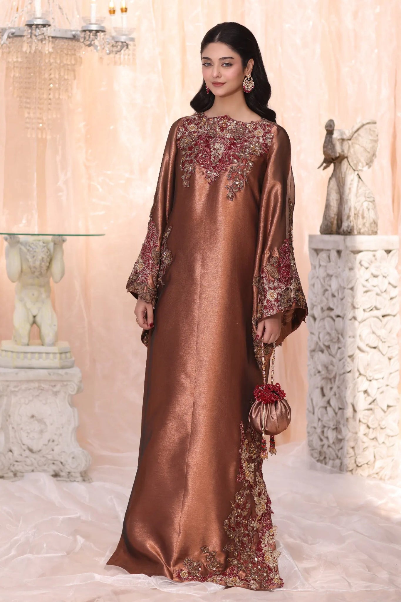 Model wearing Sienna from Musferah Saad's The Serenade collection in elegant hues, ideal for weddings. Pakistani clothes online in UK at Signature Labels.