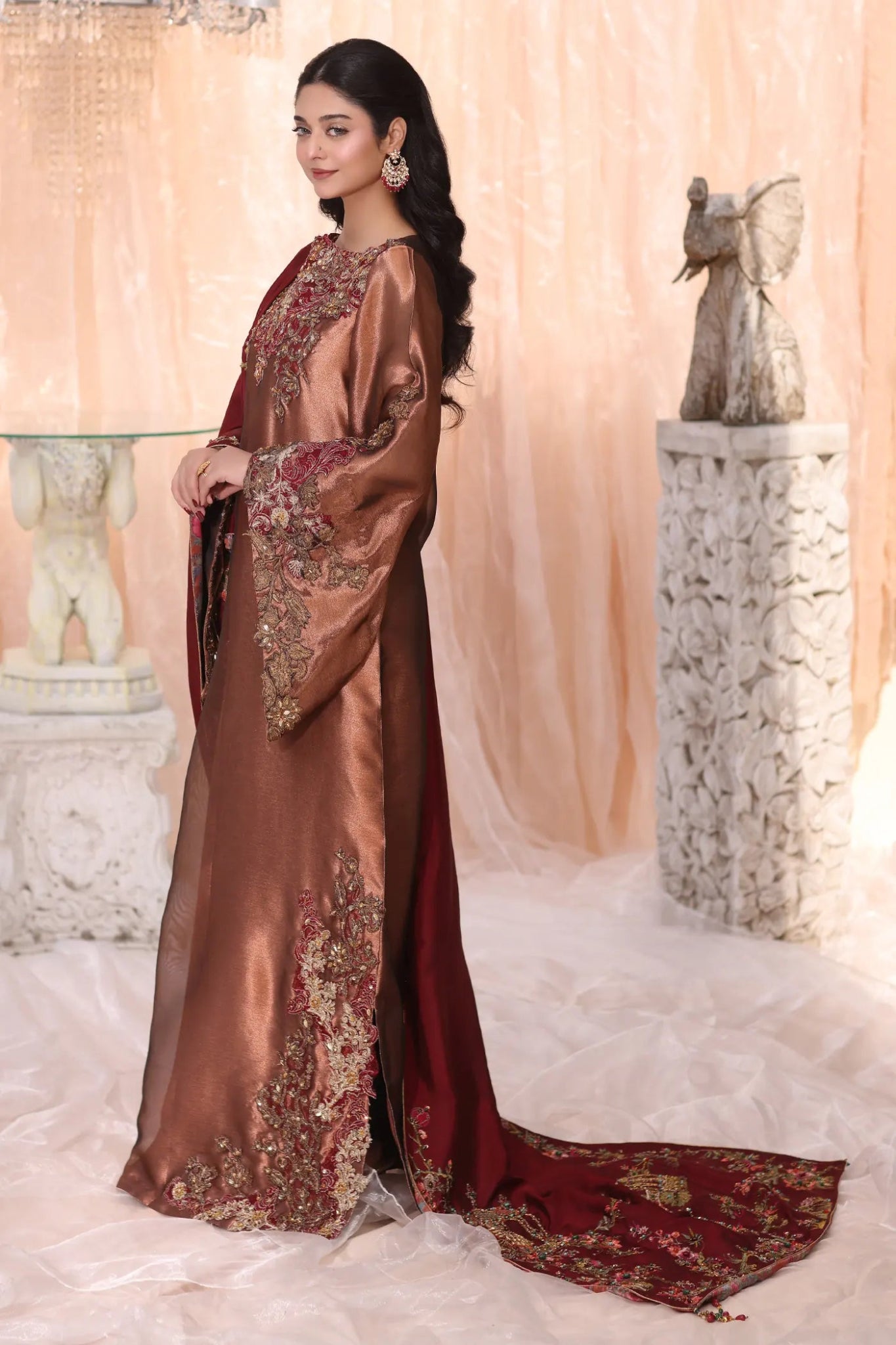 Model wearing Sienna from Musferah Saad's The Serenade collection in elegant hues, ideal for weddings. Pakistani clothes online in UK at Signature Labels.