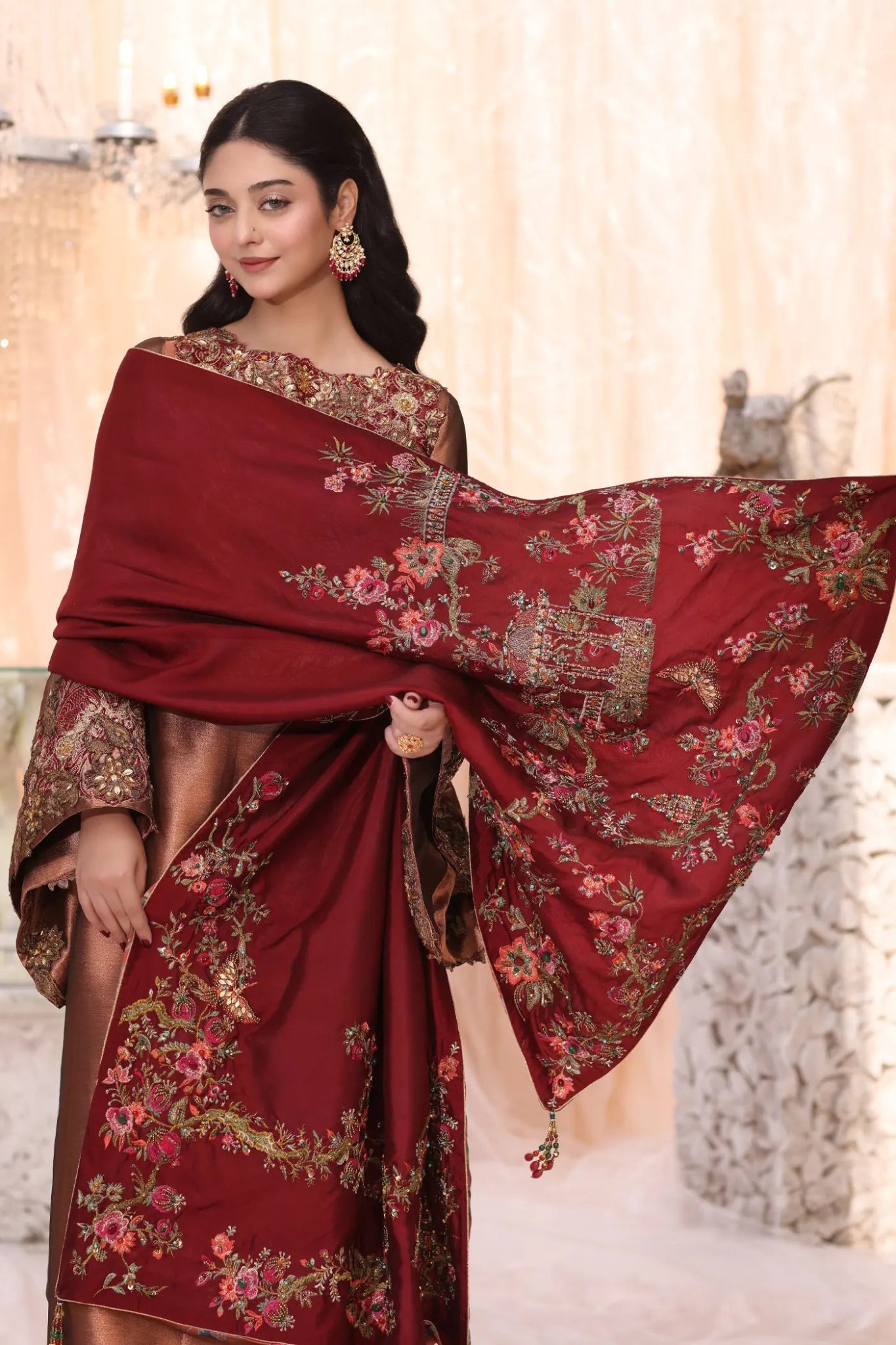 Model wearing Sienna from Musferah Saad's The Serenade collection in elegant hues, ideal for weddings. Pakistani clothes online in UK at Signature Labels.