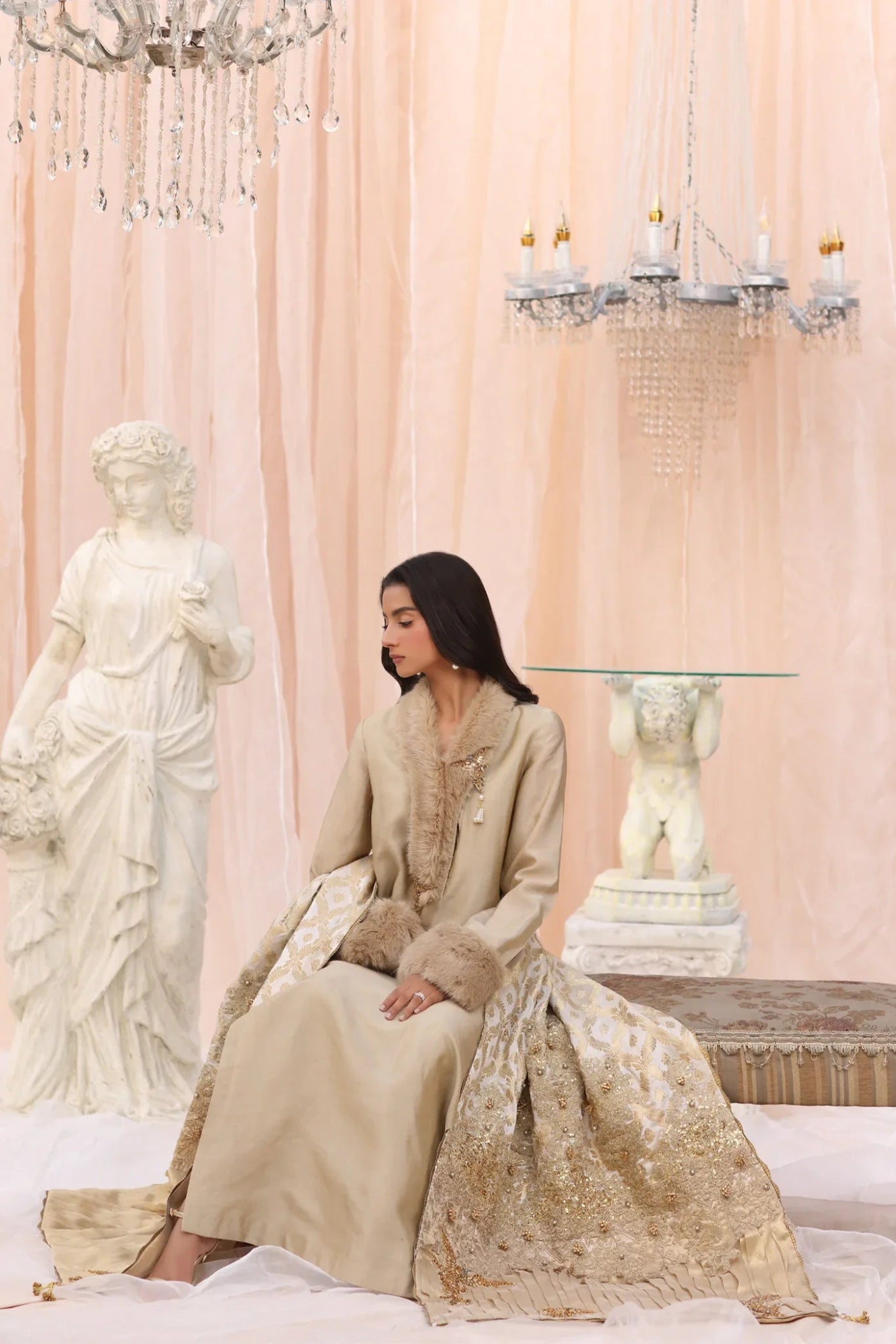 Model wearing The Duchess from Musferah Saad's The Serenade collection in elegant cream, perfect for weddings. Pakistani clothes online in UK at Signature Labels.