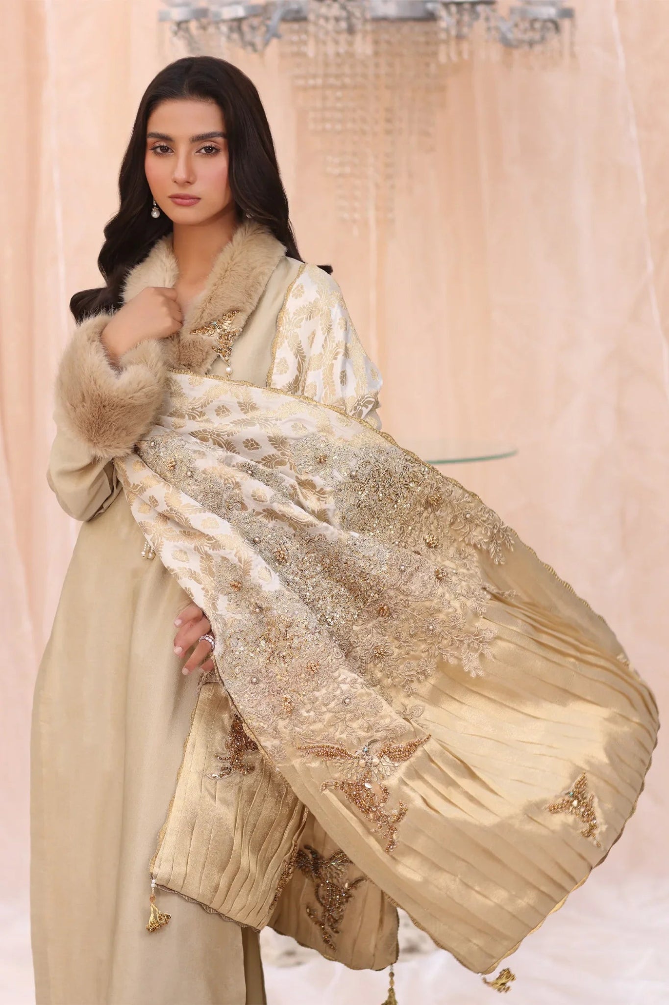 Model wearing The Duchess from Musferah Saad's The Serenade collection in elegant cream, perfect for weddings. Pakistani clothes online in UK at Signature Labels.