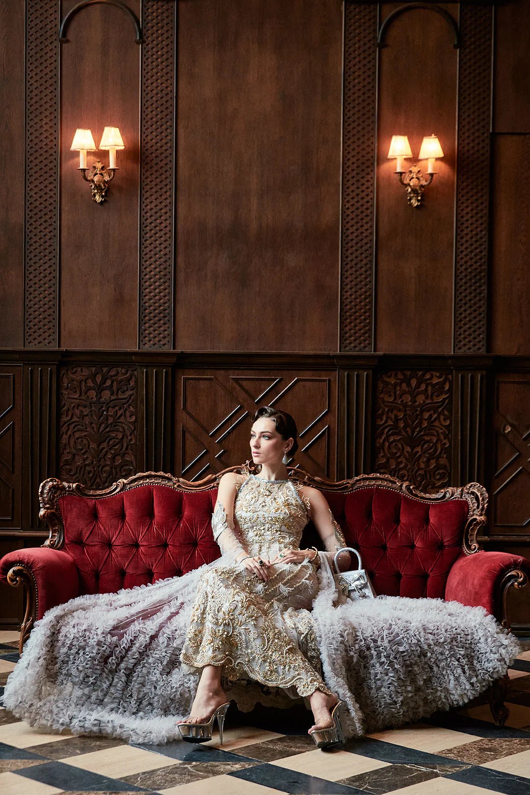 Model wearing Venessa dress from Mysie by Tahira's Alara collection. Ideal for those seeking Pakistani clothes online in UK.