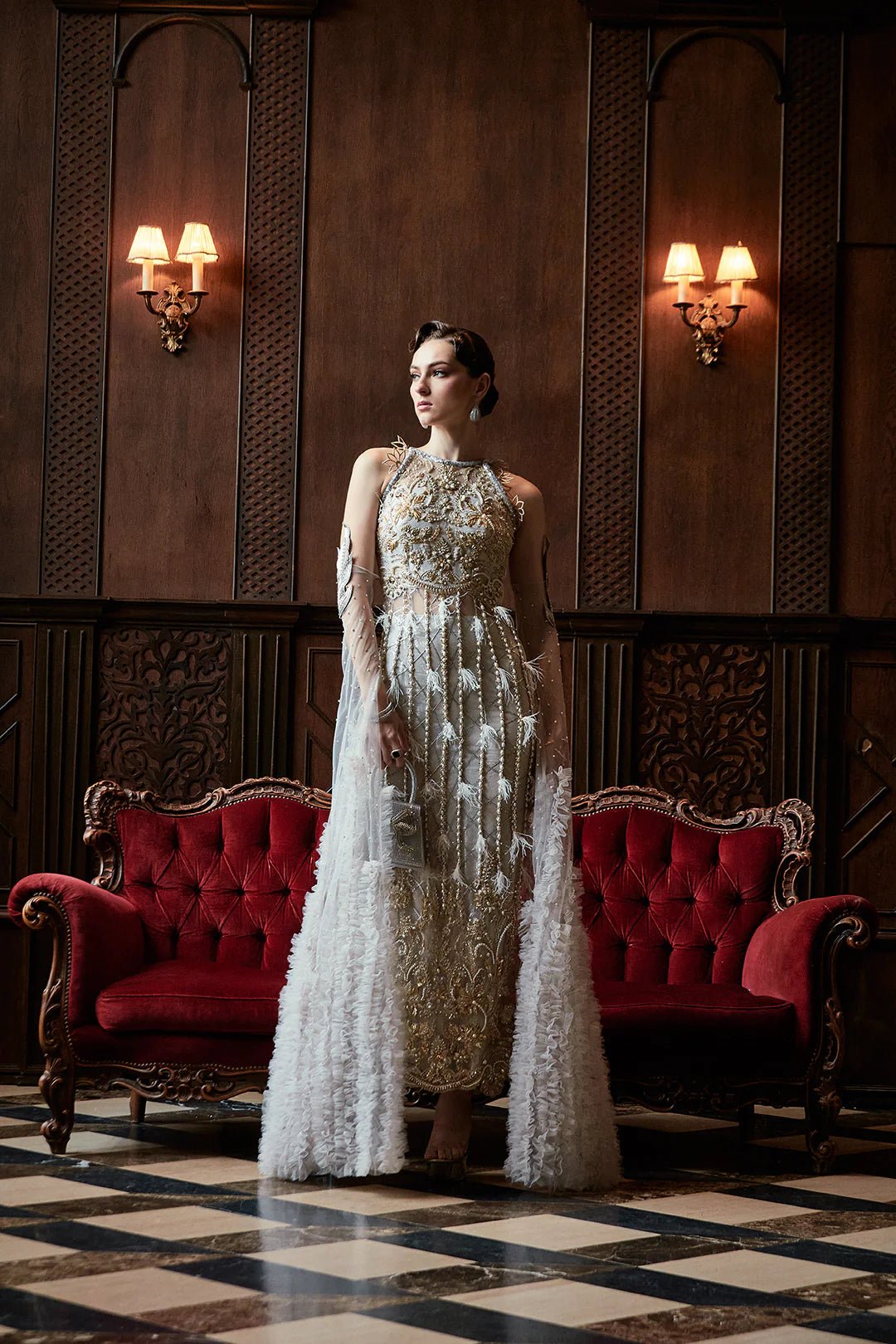 Model wearing Venessa dress from Mysie by Tahira's Alara collection. Ideal for those seeking Pakistani clothes online in UK.