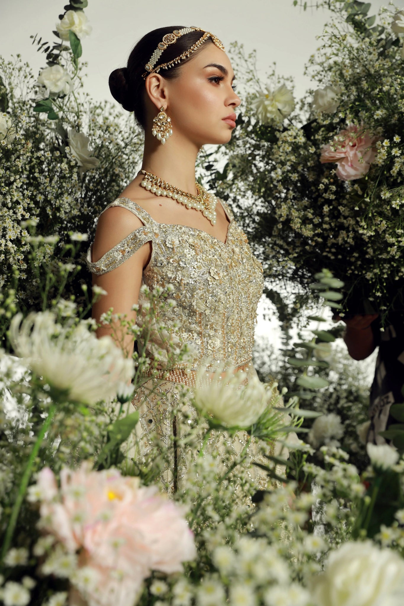 Model wearing Hansel from Mysie by Tahira's Arzu Bridals '24 collection in sophisticated beige. Wedding wear, bridal, Pakistani clothes online in UK.