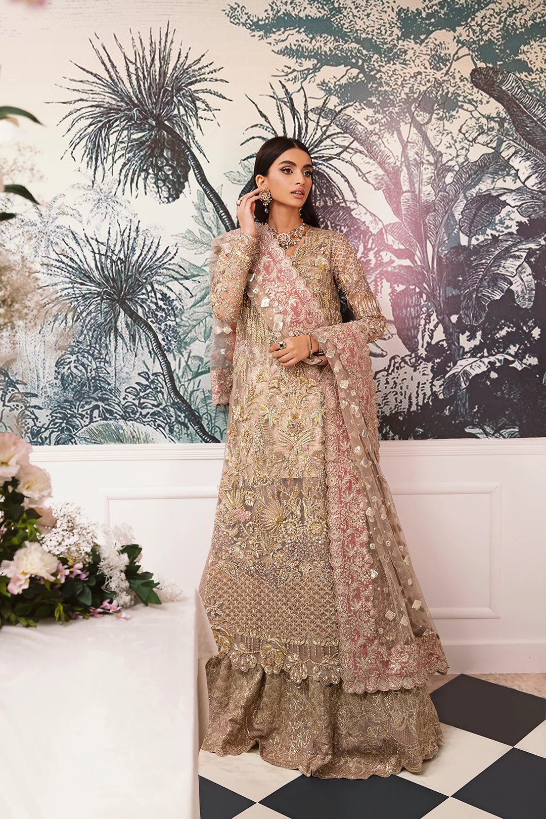 Model wearing Haneen dress from Mysie by Tahira's Arzu collection. Shop Pakistani clothes online in UK with elegance and style.