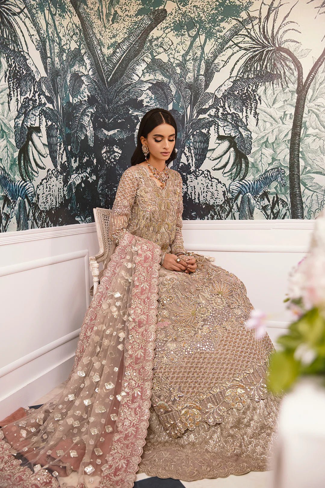 Model wearing Haneen dress from Mysie by Tahira's Arzu collection. Shop Pakistani clothes online in UK with elegance and style.