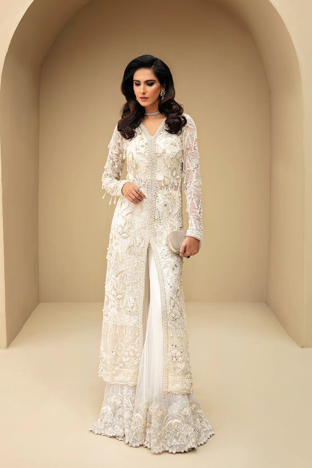 Model wearing Festive Formal's Isla, an equisite mold by Mysie by Tahira UK, Pakistani Clothes UK.