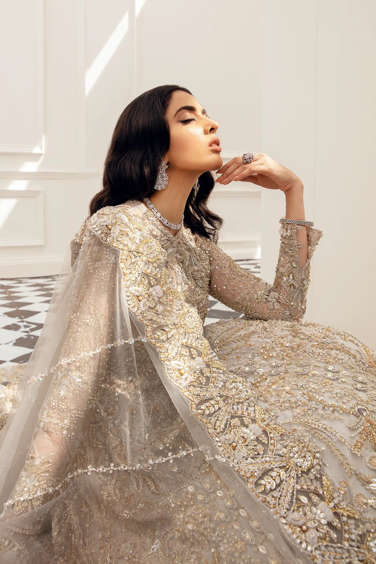 Model wearing AMBER dress from Mysie by Tahira, Luxe Leilani II collection. Pakistani clothes online in UK.