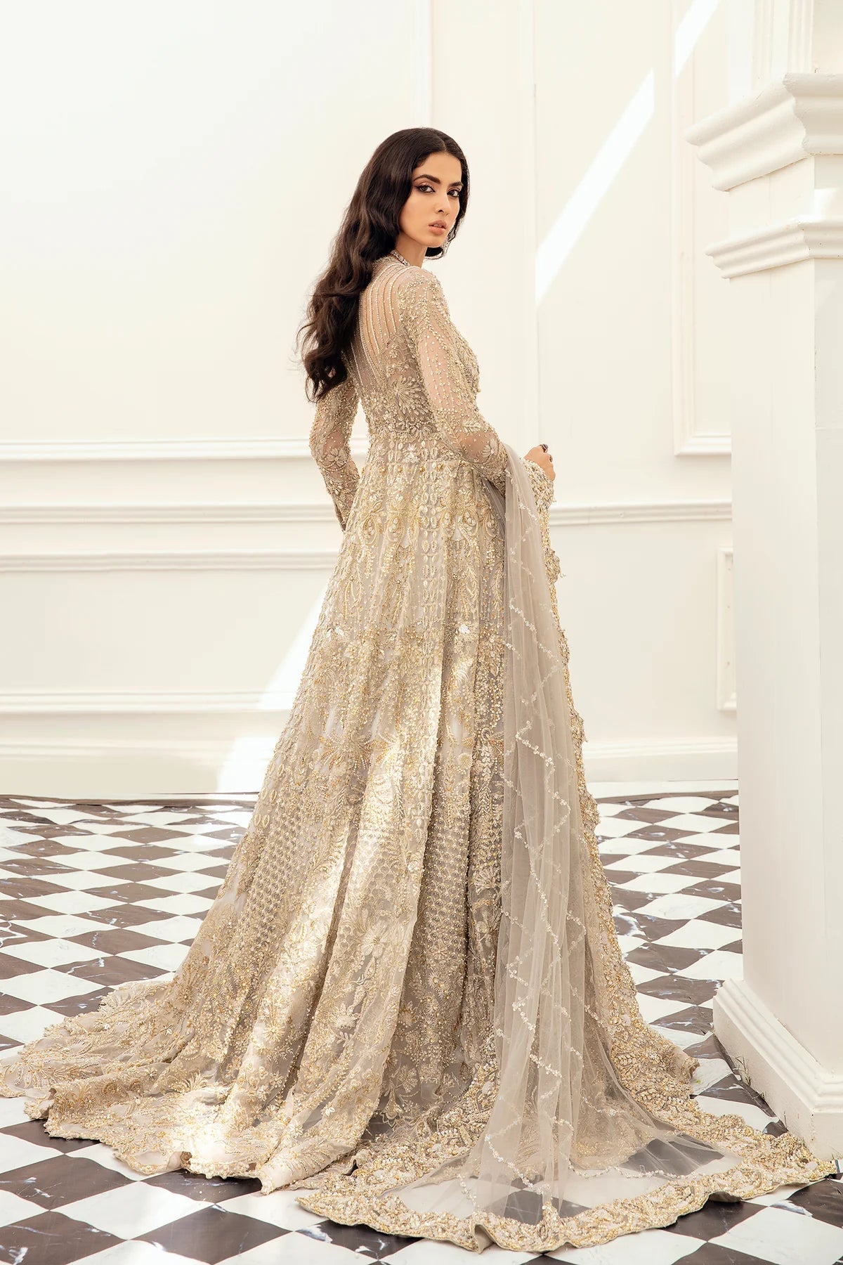 Model wearing AMBER dress from Mysie by Tahira, Luxe Leilani II collection. Pakistani clothes online in UK.