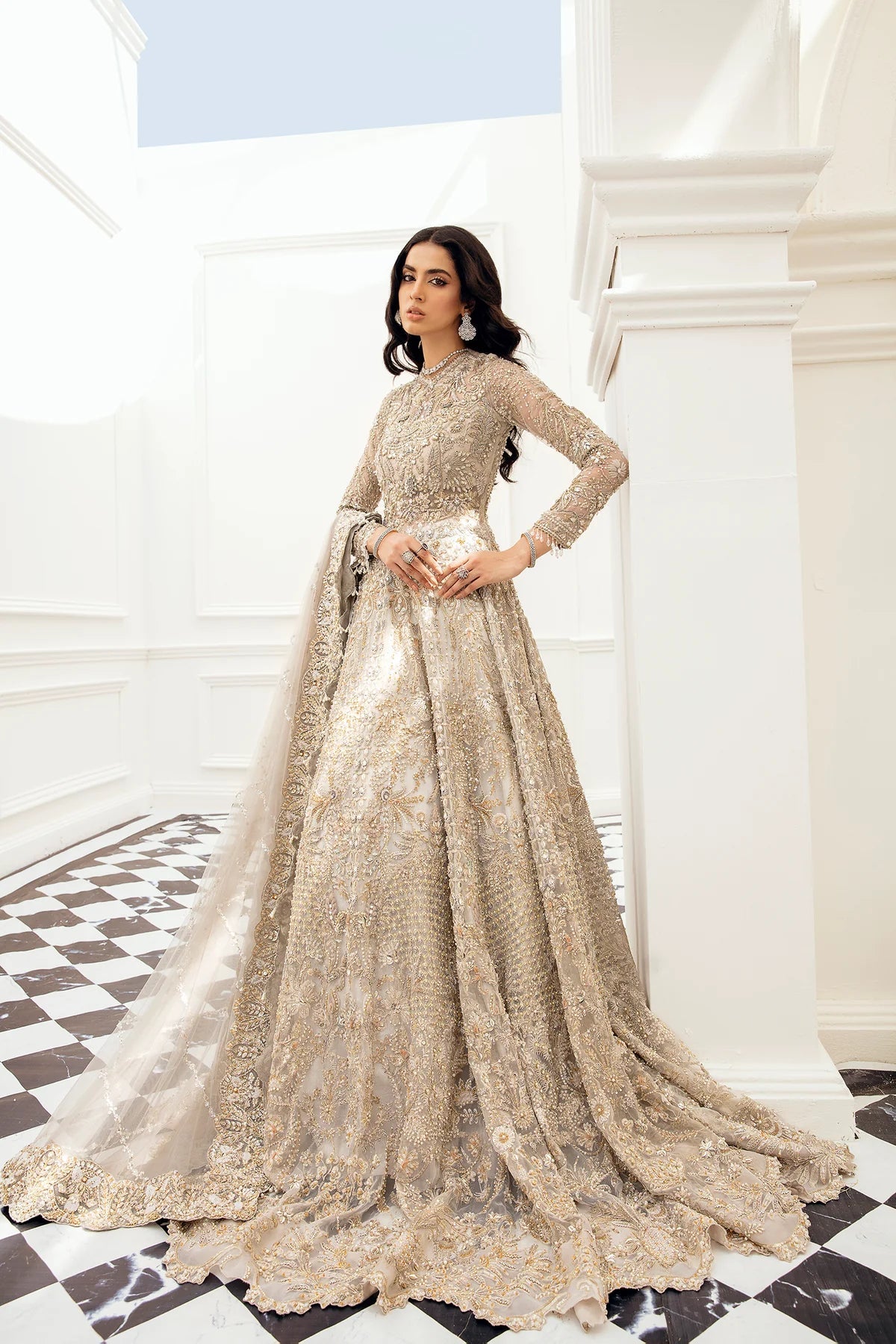 Model wearing AMBER dress from Mysie by Tahira, Luxe Leilani II collection. Pakistani clothes online in UK.