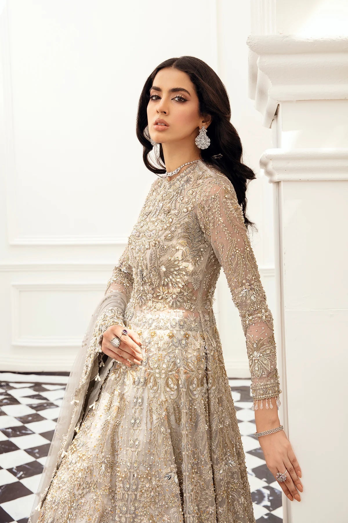 Model wearing AMBER dress from Mysie by Tahira, Luxe Leilani II collection. Pakistani clothes online in UK.