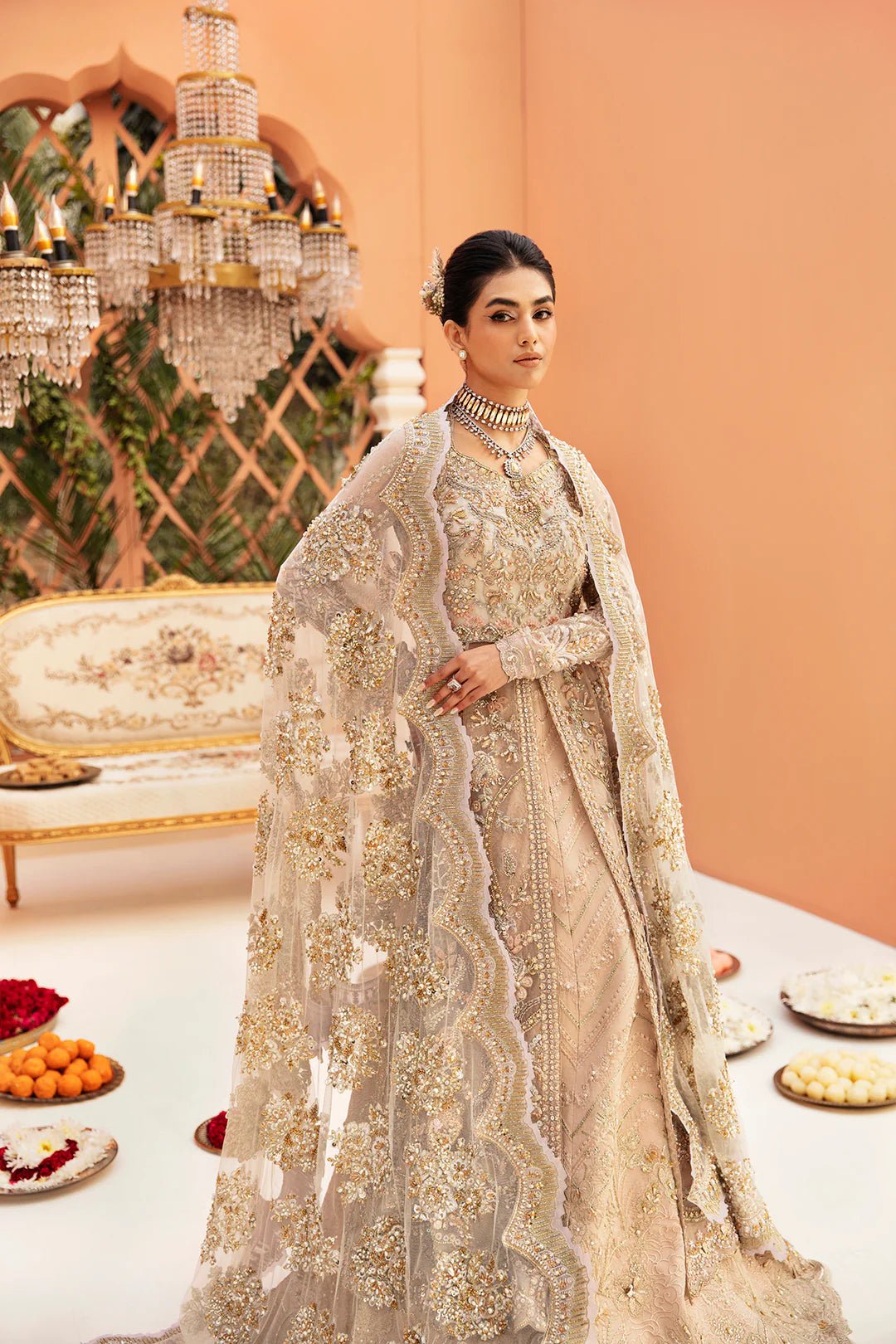Model wearing Cynthia dress from Mysie by Tahira, Poetique Bridal 24 collection. Pakistani clothes online in UK.