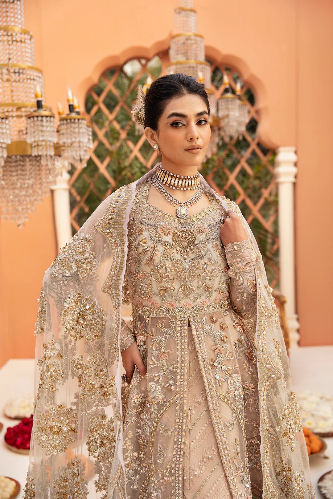 Model wearing Cynthia dress from Mysie by Tahira, Poetique Bridal 24 collection. Pakistani clothes online in UK.