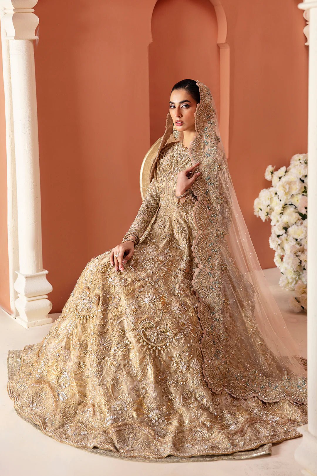 Model wearing Durre dress from Mysie by Tahira, Poetique Bridal 24 collection. Pakistani clothes online in UK.