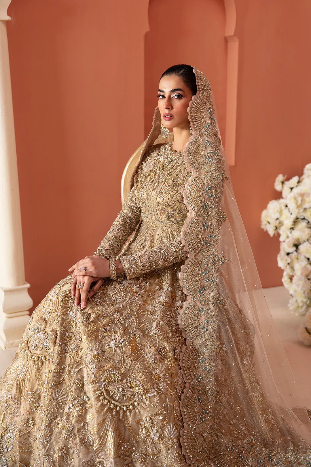 Model wearing Durre dress from Mysie by Tahira, Poetique Bridal 24 collection. Pakistani clothes online in UK.