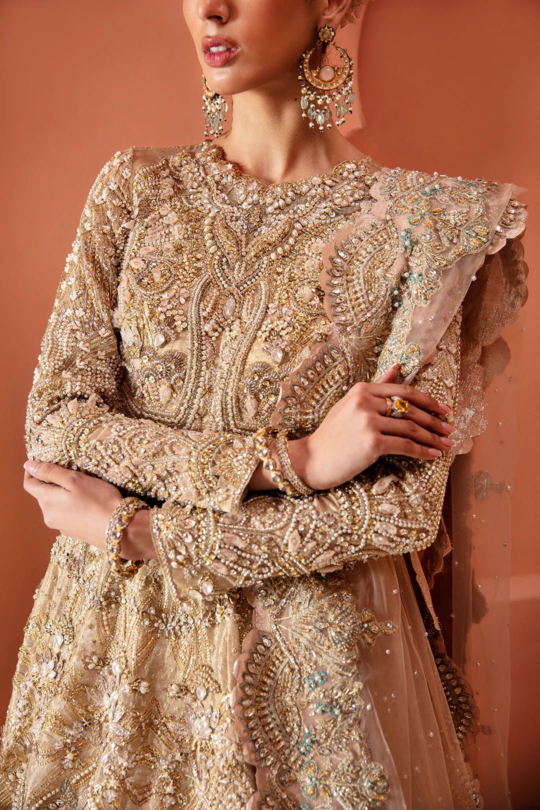 Model wearing Durre dress from Mysie by Tahira, Poetique Bridal 24 collection. Pakistani clothes online in UK.