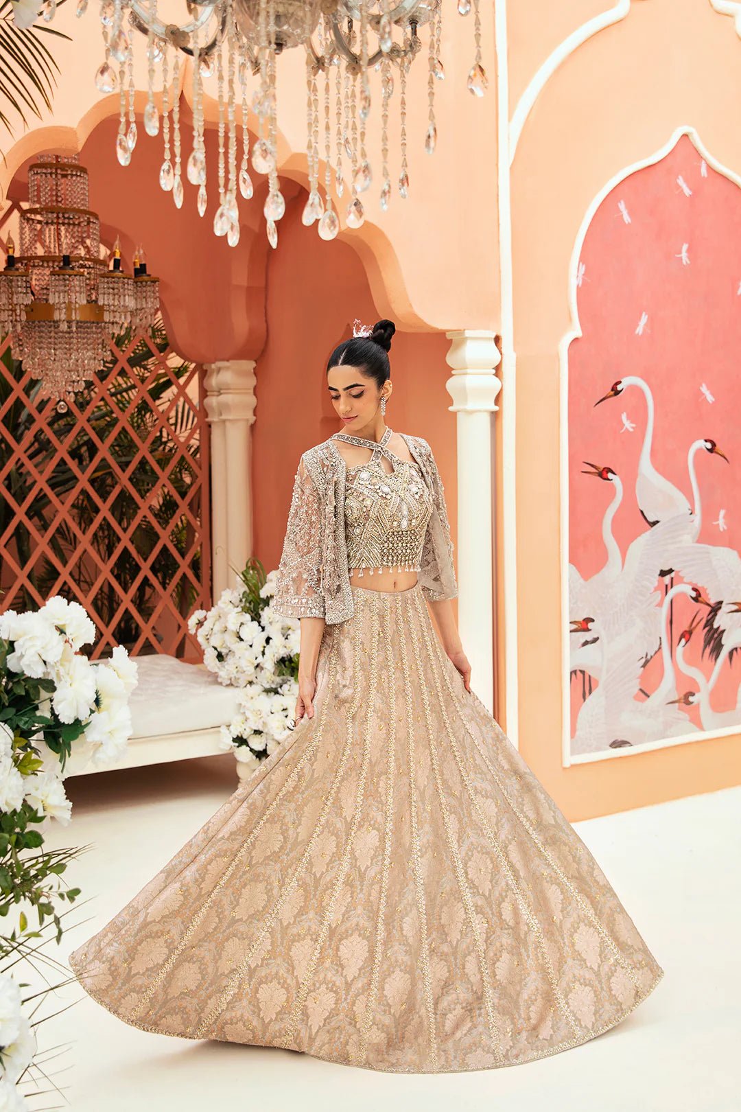 Model wearing Ehmaal dress from Mysie by Tahira, Poetique Bridal 24 collection. Pakistani clothes online in UK.