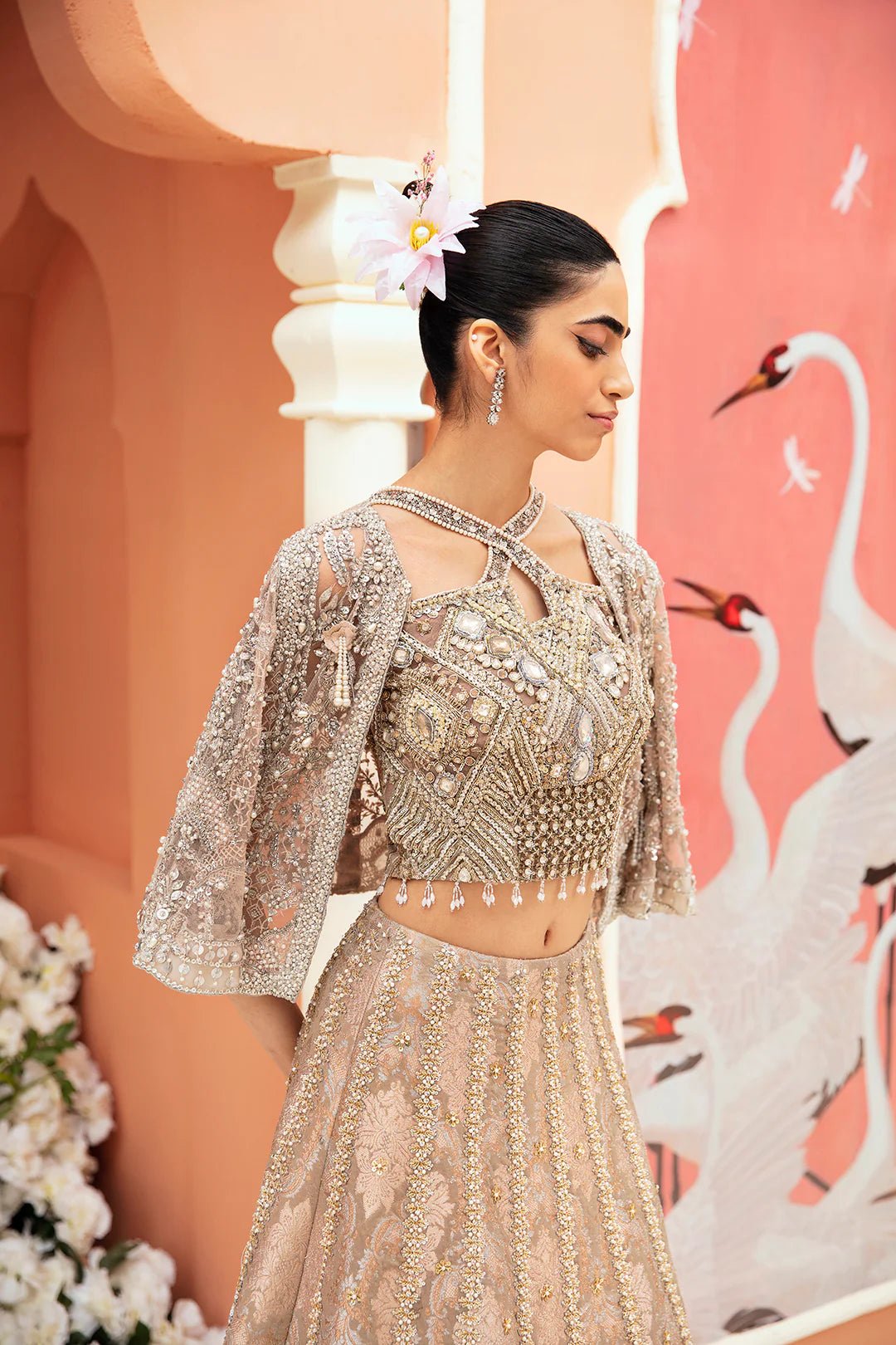 Model wearing Ehmaal dress from Mysie by Tahira, Poetique Bridal 24 collection. Pakistani clothes online in UK.