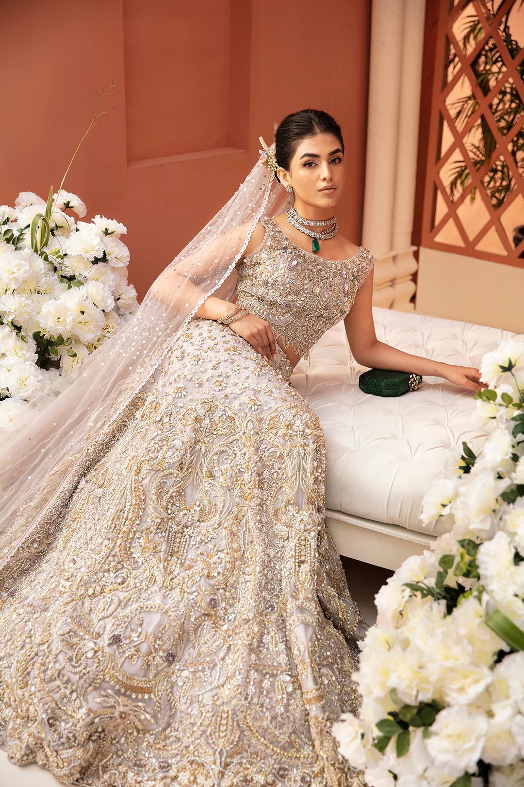 Model wearing Juliette dress from Mysie by Tahira, Poetique Bridal 24 collection. Pakistani clothes online in UK.