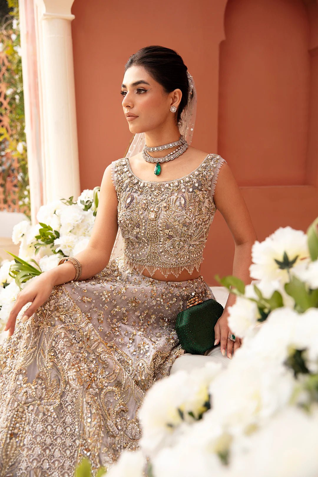 Model wearing Juliette dress from Mysie by Tahira, Poetique Bridal 24 collection. Pakistani clothes online in UK.