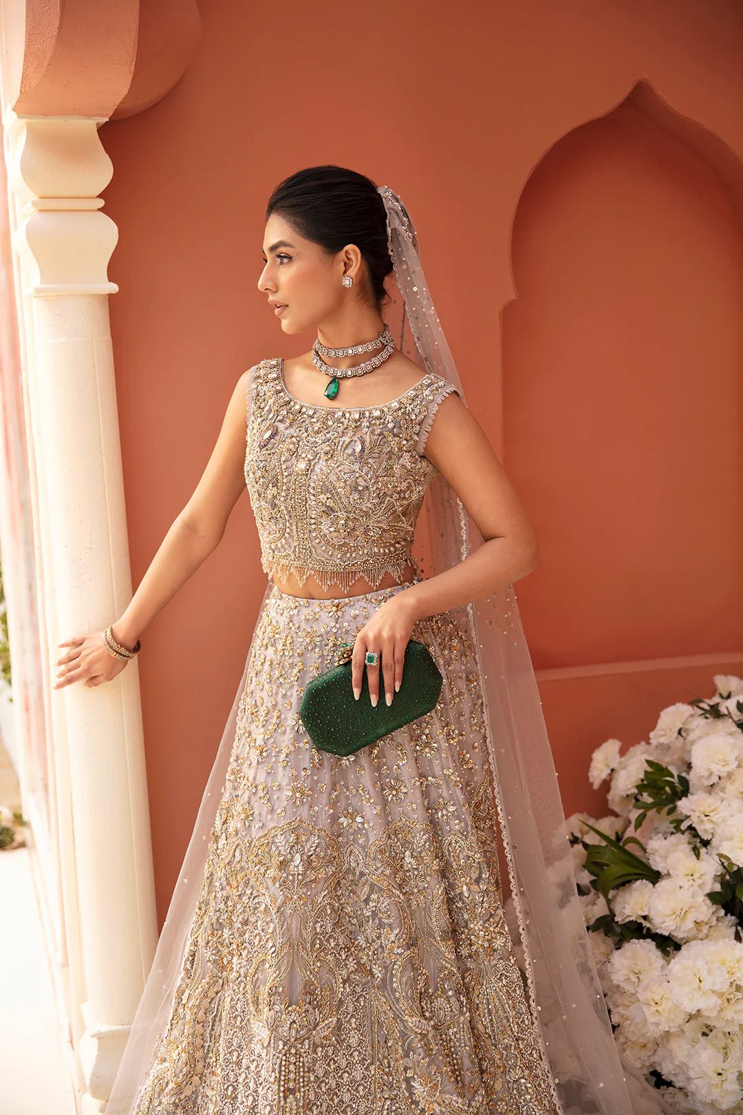 Model wearing Juliette dress from Mysie by Tahira, Poetique Bridal 24 collection. Pakistani clothes online in UK.