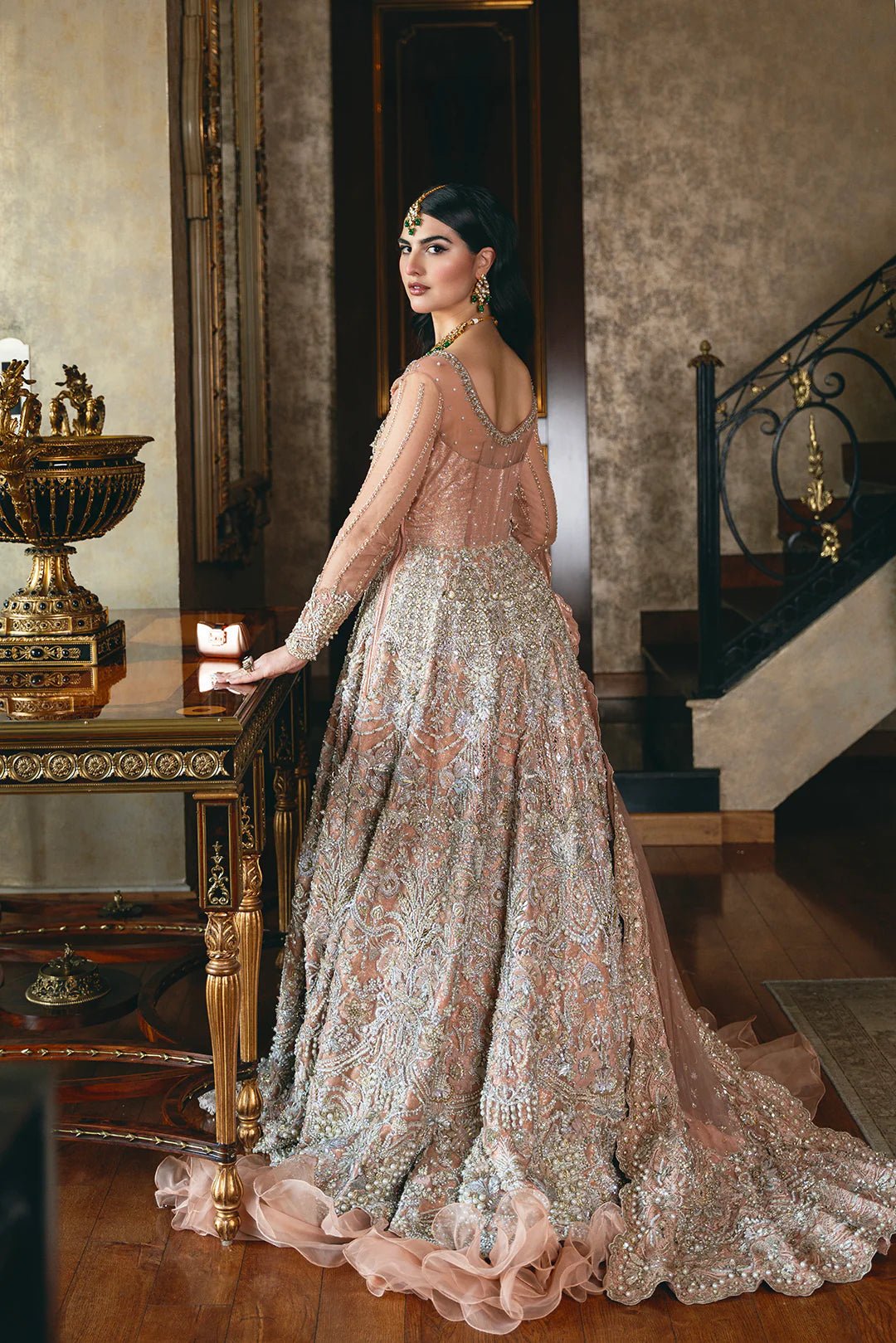 Model wearing Merjan dress from Mysie by Tahira, Poetique Bridal 24 collection. Pakistani clothes online in UK.