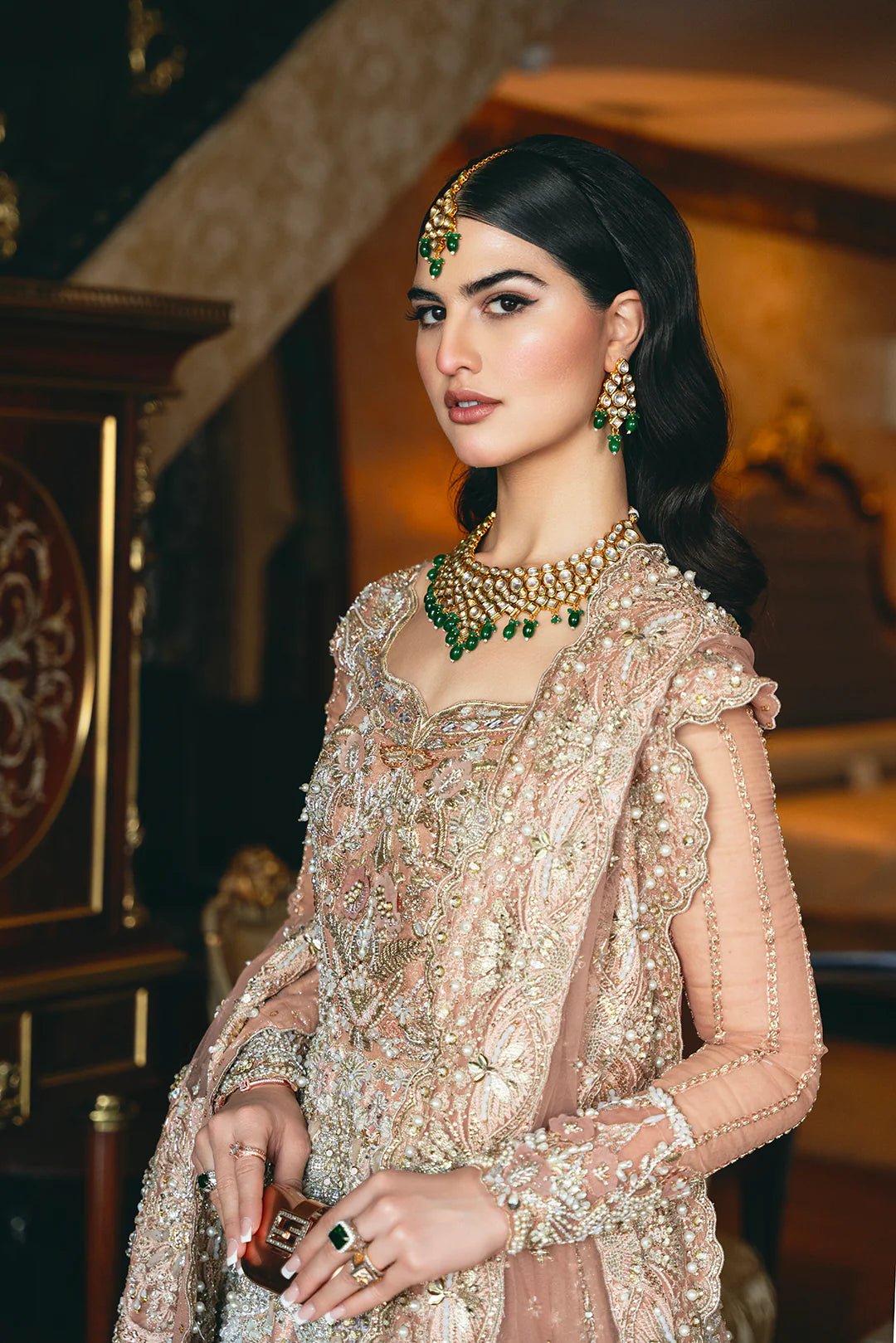 Model wearing Merjan dress from Mysie by Tahira, Poetique Bridal 24 collection. Pakistani clothes online in UK.
