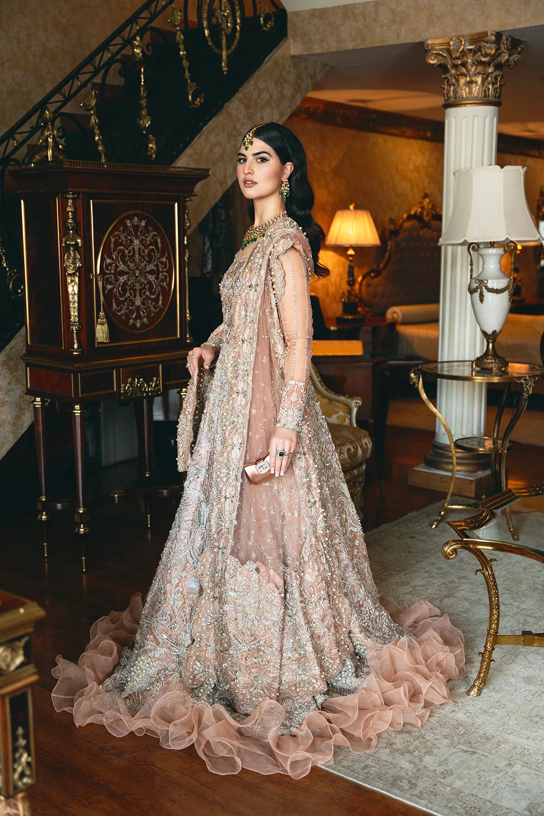 Model wearing Merjan dress from Mysie by Tahira, Poetique Bridal 24 collection. Pakistani clothes online in UK.