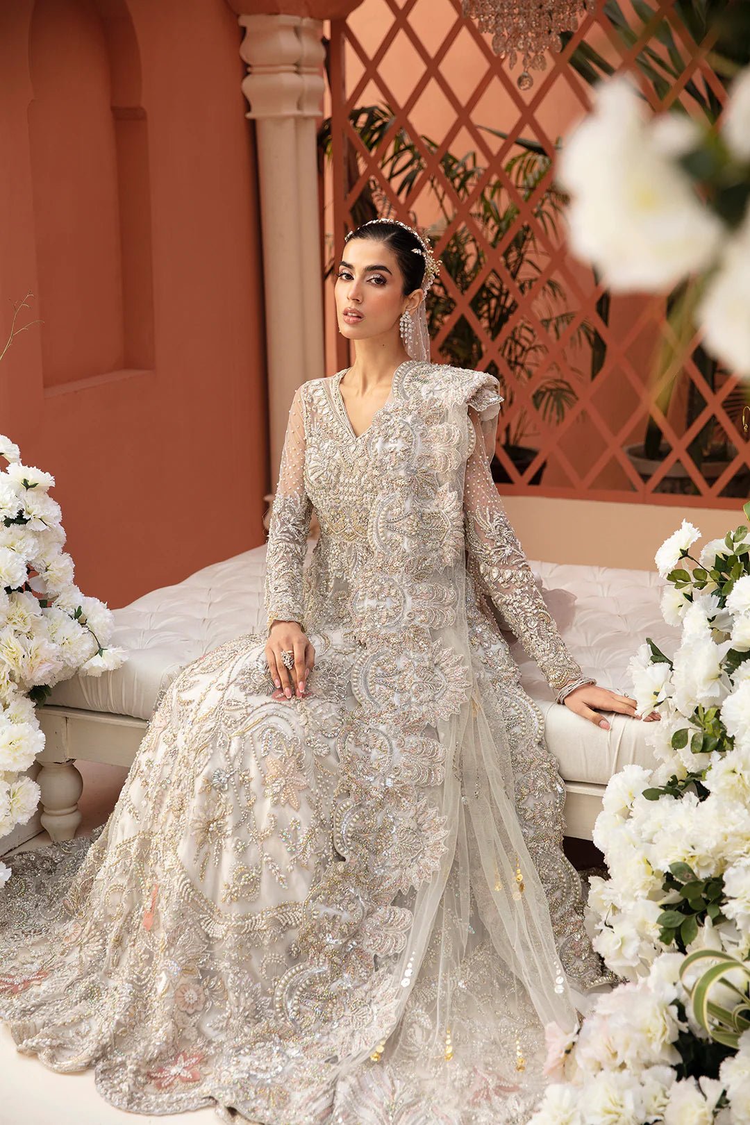 Model wearing Rylee dress from Mysie by Tahira, Poetique Bridal 24 collection. Pakistani clothes online in UK.