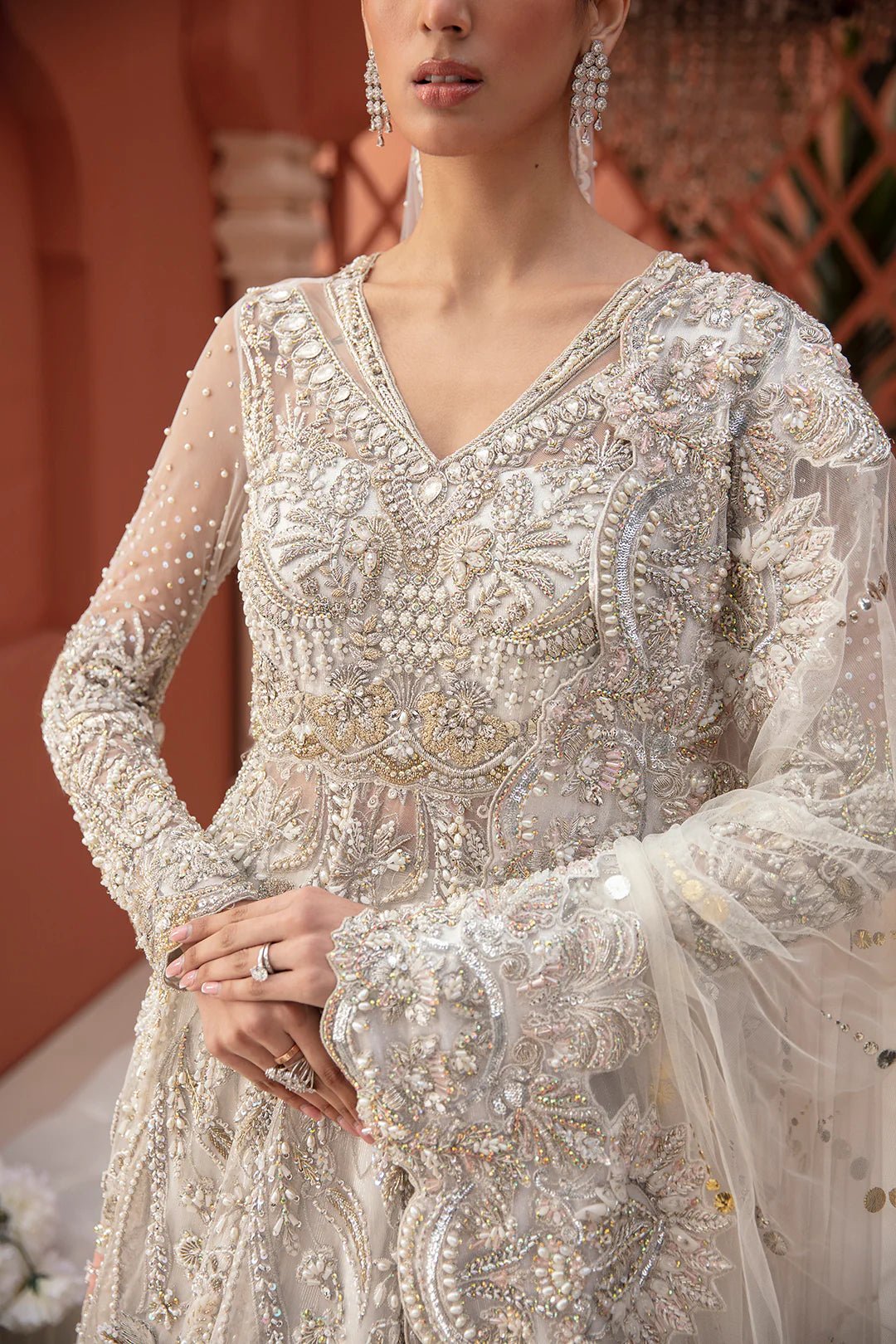 Model wearing Rylee dress from Mysie by Tahira, Poetique Bridal 24 collection. Pakistani clothes online in UK.