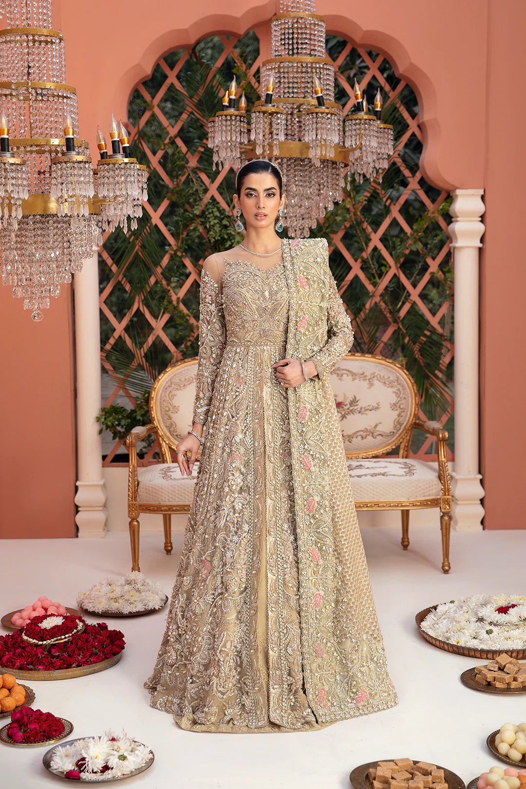 Model wearing Savarna dress from Mysie by Tahira, Poetique Bridal 24 collection. Pakistani clothes online in UK.