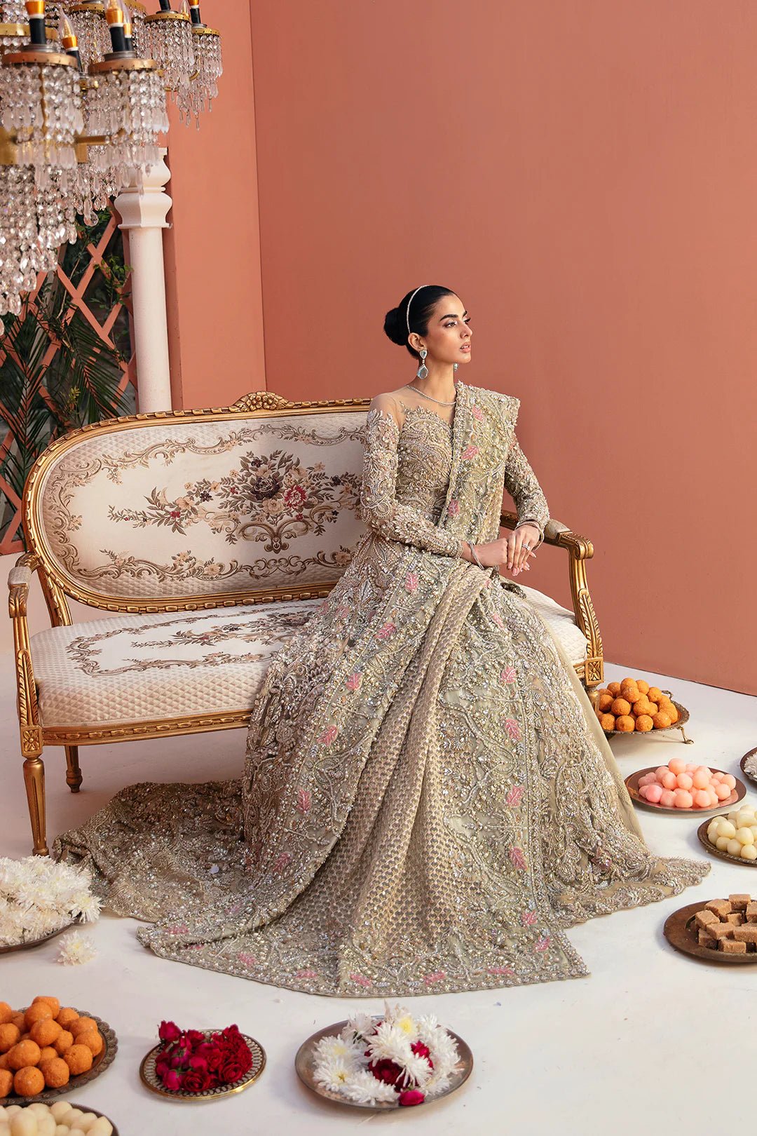 Model wearing Savarna dress from Mysie by Tahira, Poetique Bridal 24 collection. Pakistani clothes online in UK.