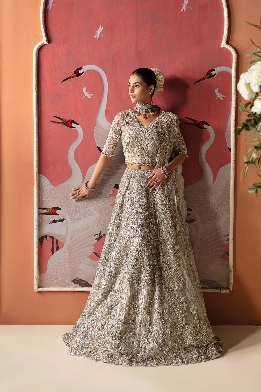 Model wearing Wajeeha dress from Mysie by Tahira, Poetique Bridal 24 collection. Pakistani clothes online in UK.