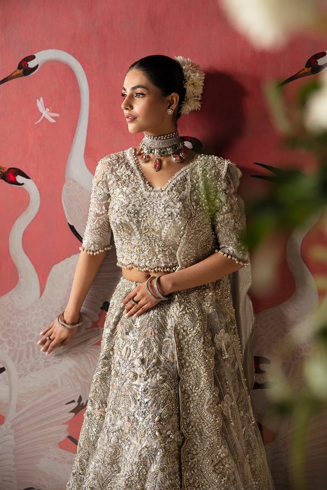 Model wearing Wajeeha dress from Mysie by Tahira, Poetique Bridal 24 collection. Pakistani clothes online in UK.