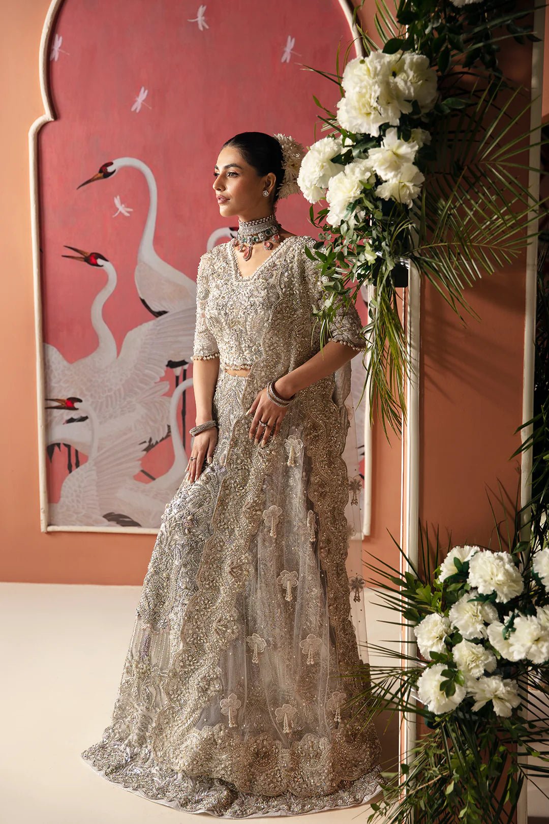 Model wearing Wajeeha dress from Mysie by Tahira, Poetique Bridal 24 collection. Pakistani clothes online in UK.