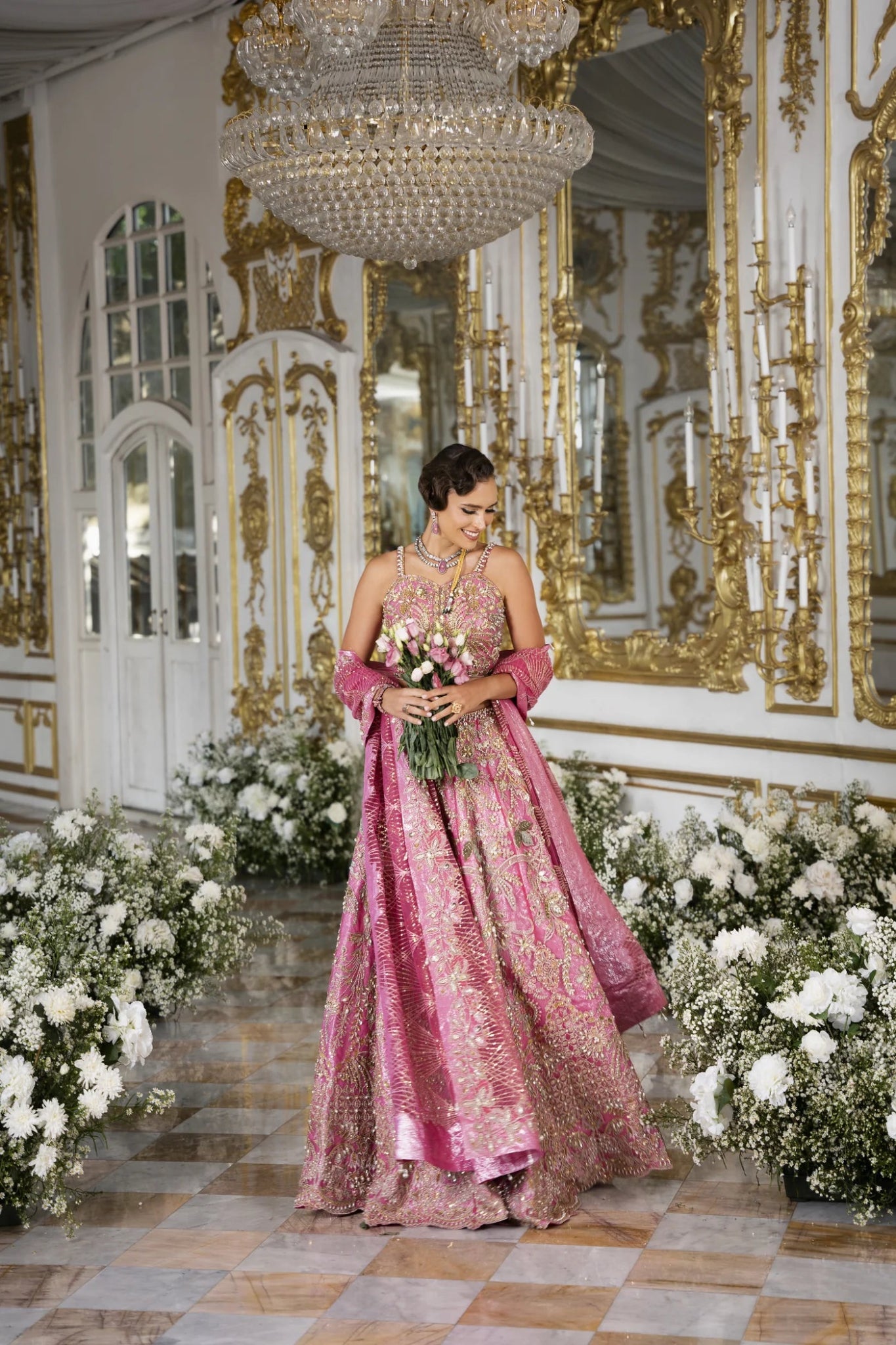 Model wearing pink CELINE dress from Mysie by Tahira's POEÃÅTIQUE'24 SUMMER collection. Perfect for weddings. Pakistani clothes online in UK.