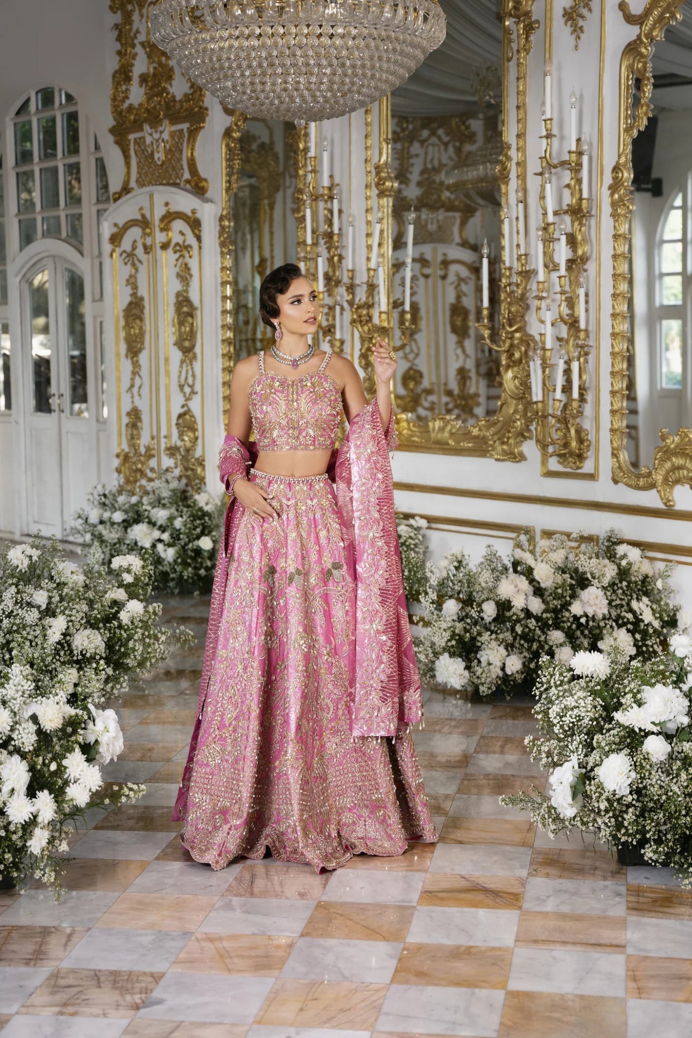Model wearing pink CELINE dress from Mysie by Tahira's POEÃÅTIQUE'24 SUMMER collection. Perfect for weddings. Pakistani clothes online in UK.