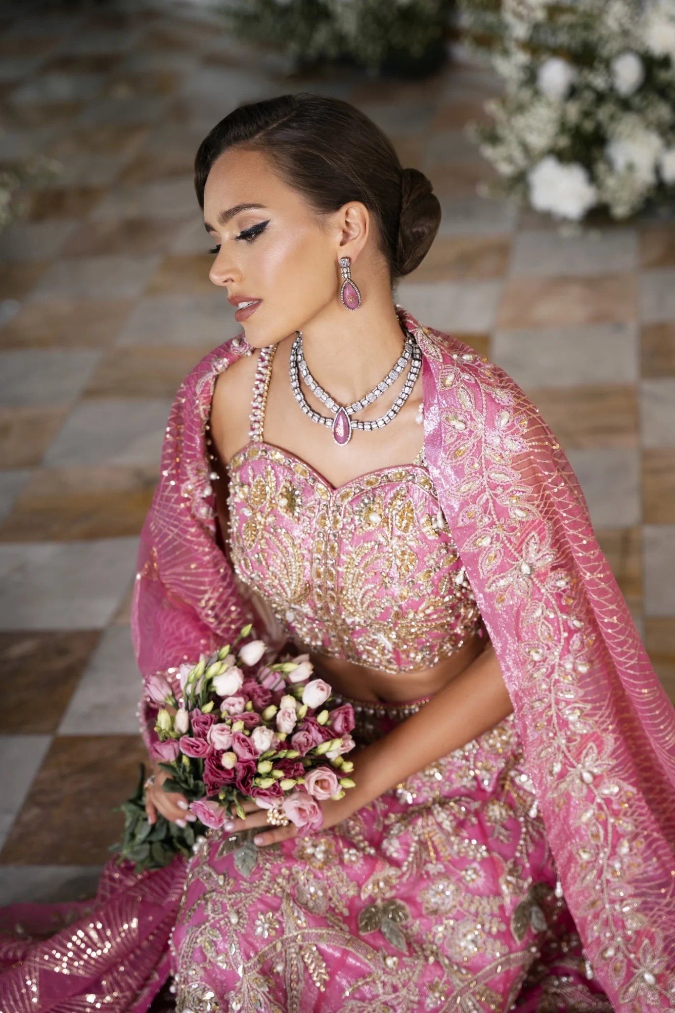 Model wearing pink CELINE dress from Mysie by Tahira's POEÃÅTIQUE'24 SUMMER collection. Perfect for weddings. Pakistani clothes online in UK.