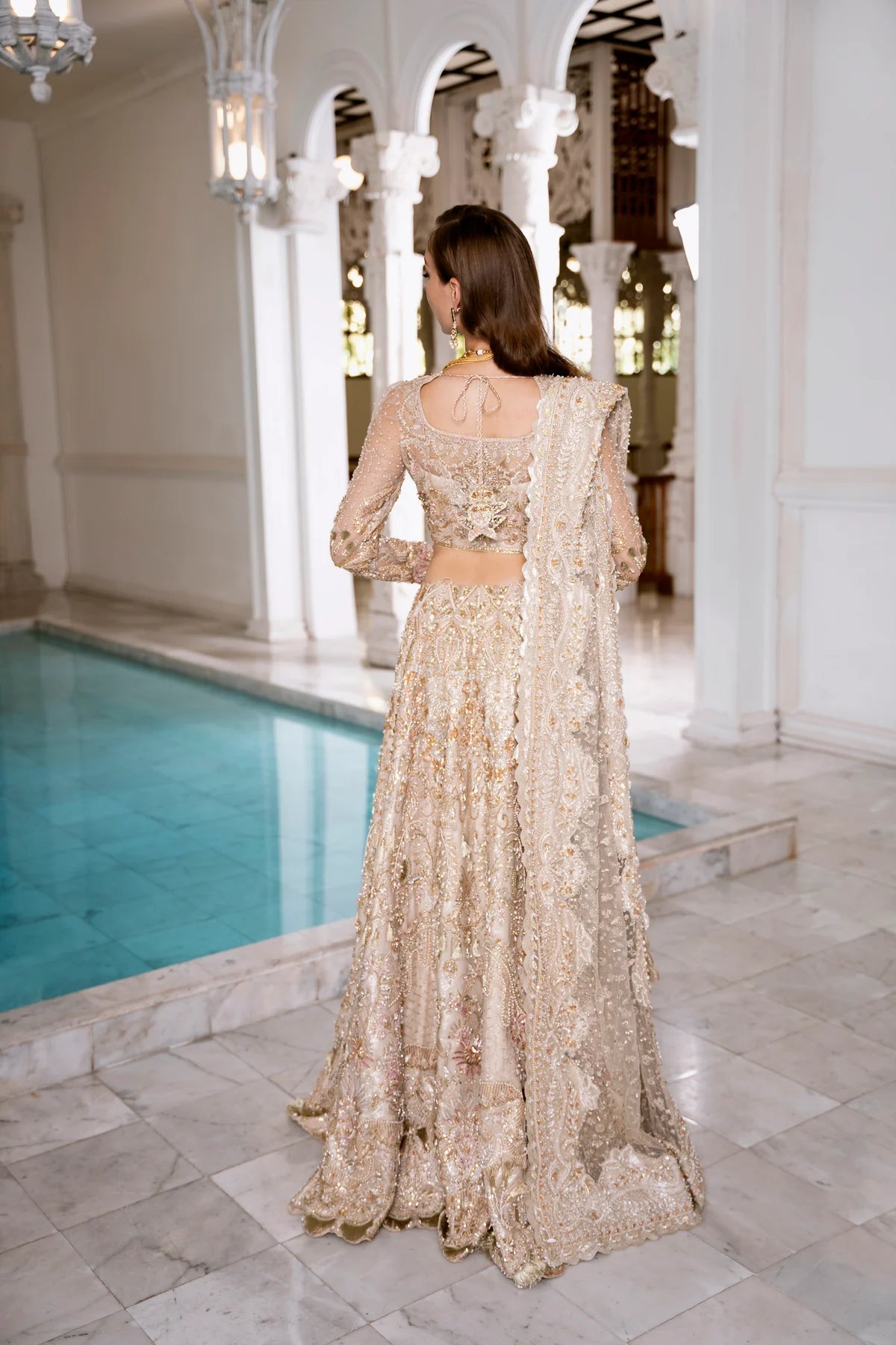 Model wearing WAL dress from Mysie by Tahira's POEÃÅTIQUE'24 SUMMER collection. Pakistani clothes online in UK at Signature Labels.
