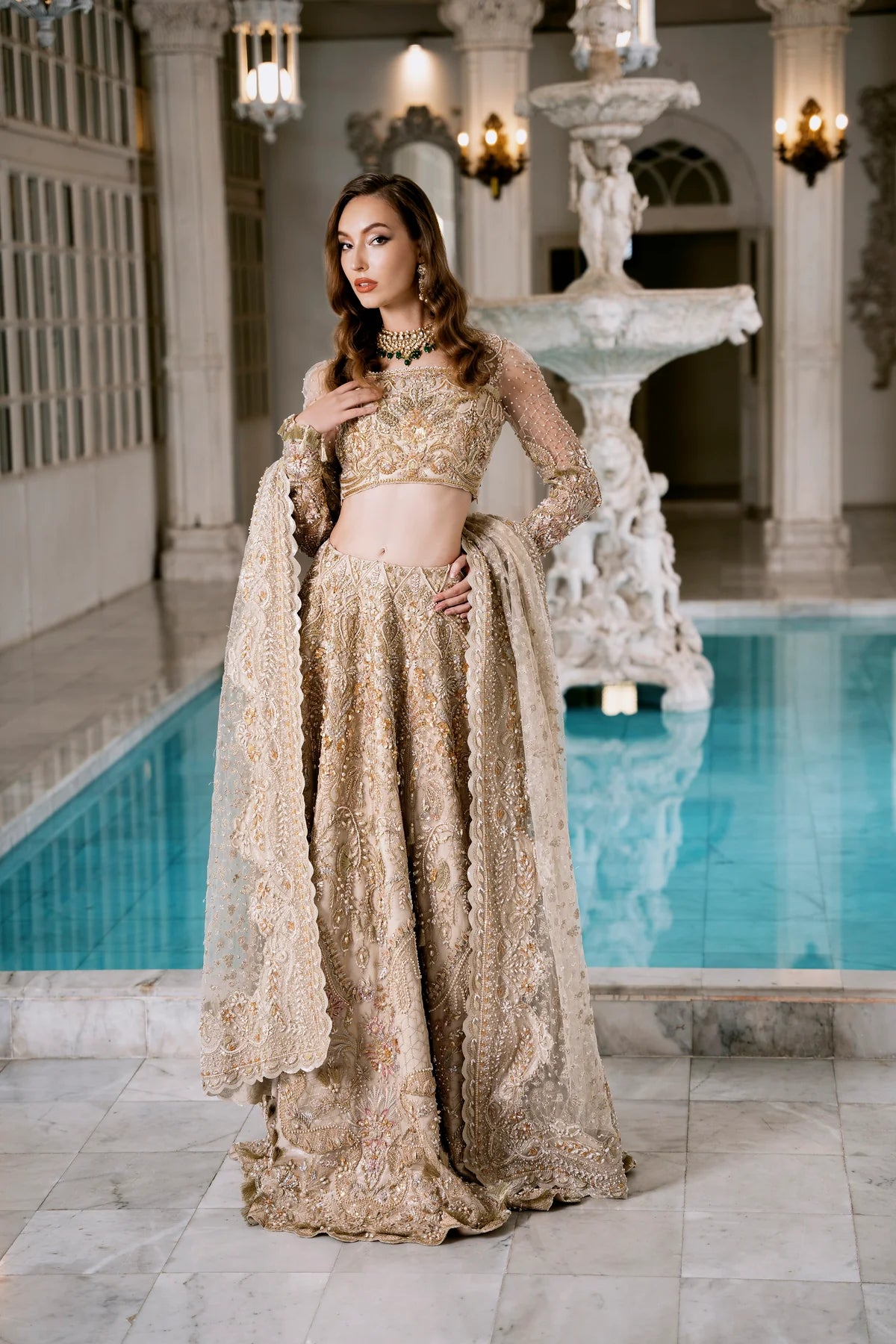 Model wearing WAL dress from Mysie by Tahira's POEÃÅTIQUE'24 SUMMER collection. Pakistani clothes online in UK at Signature Labels.