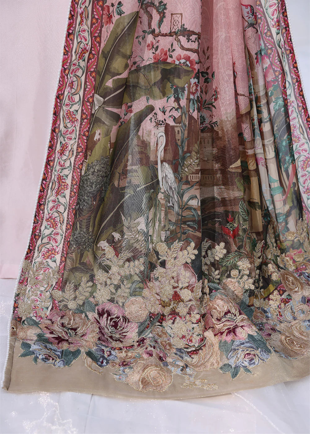Model wearing powder pink embroidered dress with sheer sleeves and printed dupatta from Musferah Saad Moonlit Glam, Pakistani Luxury pret online in UK.