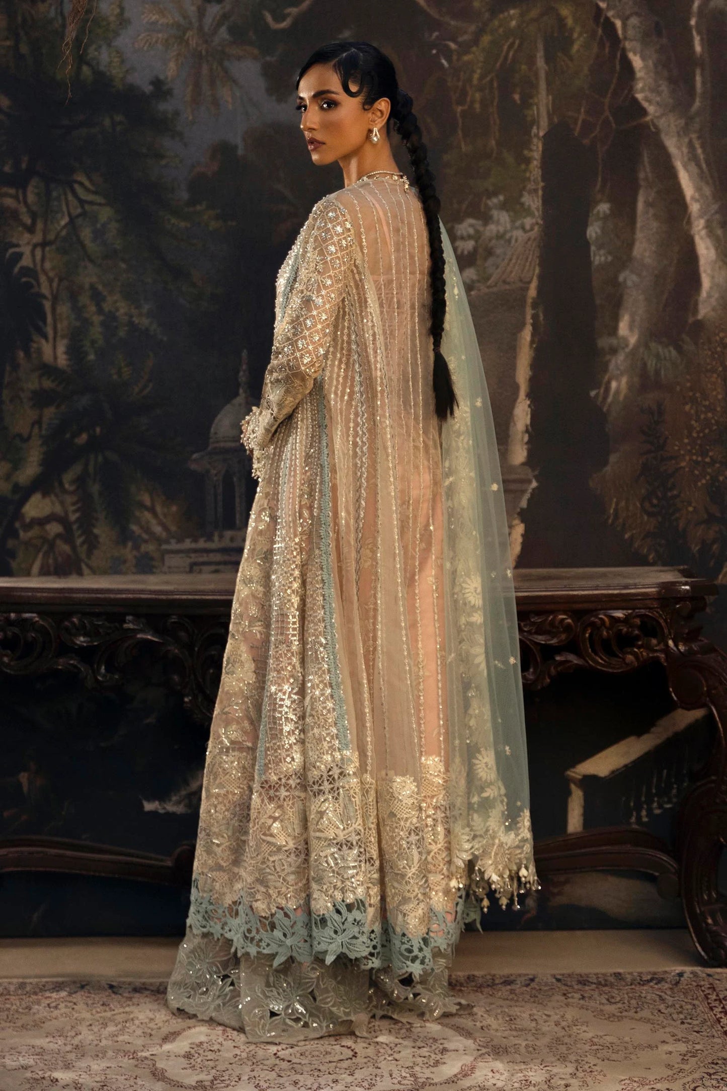 Model wearing pastel gold Sana Safinaz N251-001-3CT outfit with intricate embroidery and net dupatta, Pakistani Luxury pret, Pakistani clothes online in UK.